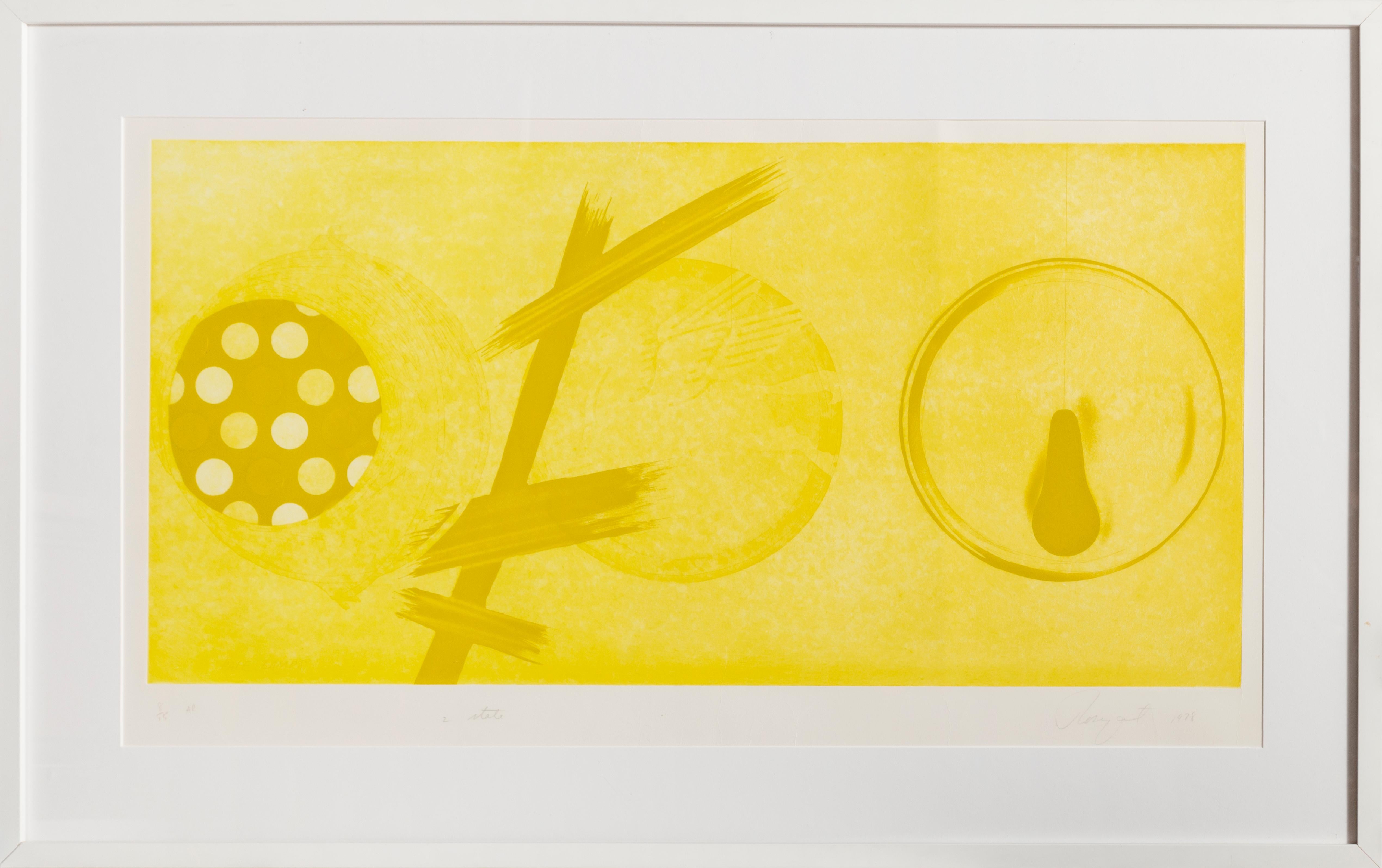 Künstler: James Rosenquist, Amerikaner (1933 - 2017)
Titel: Blasse Lampen (2. Staat)
Jahr: 1978
Medium: Aquatinta-Radierung, mit Bleistift signiert und nummeriert
Auflage: 78, AP 8/15 
Größe: 22 in. x 40 in. (55,88 cm x 101,6 cm)
Rahmengröße: 28 x