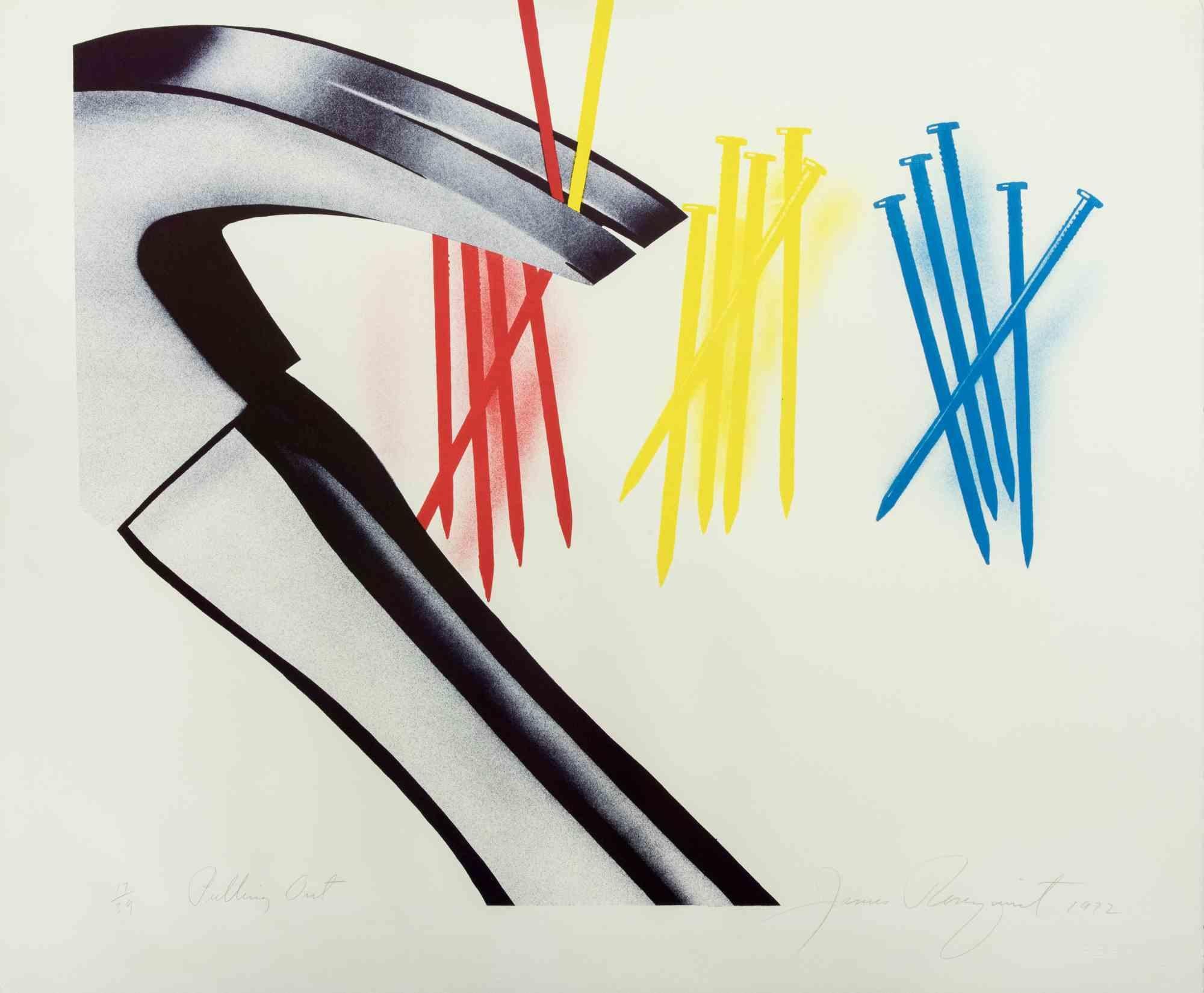 Pulling Out is an artwork realized in 1972 by James Rosenquist.

Color Lithograph on Arches paper.

Hand-signed and dated by James Rosenquist (North Dakota, 1933 – 2017) in pencil in the lower right margin.

Printed and published by Petersburg