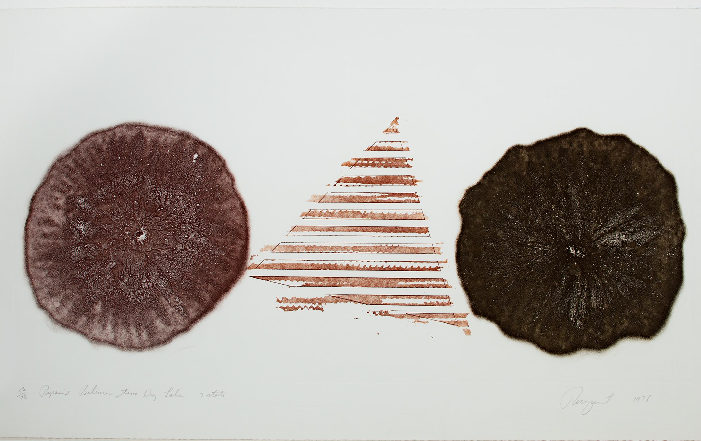 "Pyramide entre deux lacs secs" est une gravure et aquatinte originale de James Rosenquist. L'artiste a signé l'œuvre en bas à droite et a inscrit le titre et le numéro d'édition (56/78) en bas à gauche. C'est le deuxième état et il est en brun.