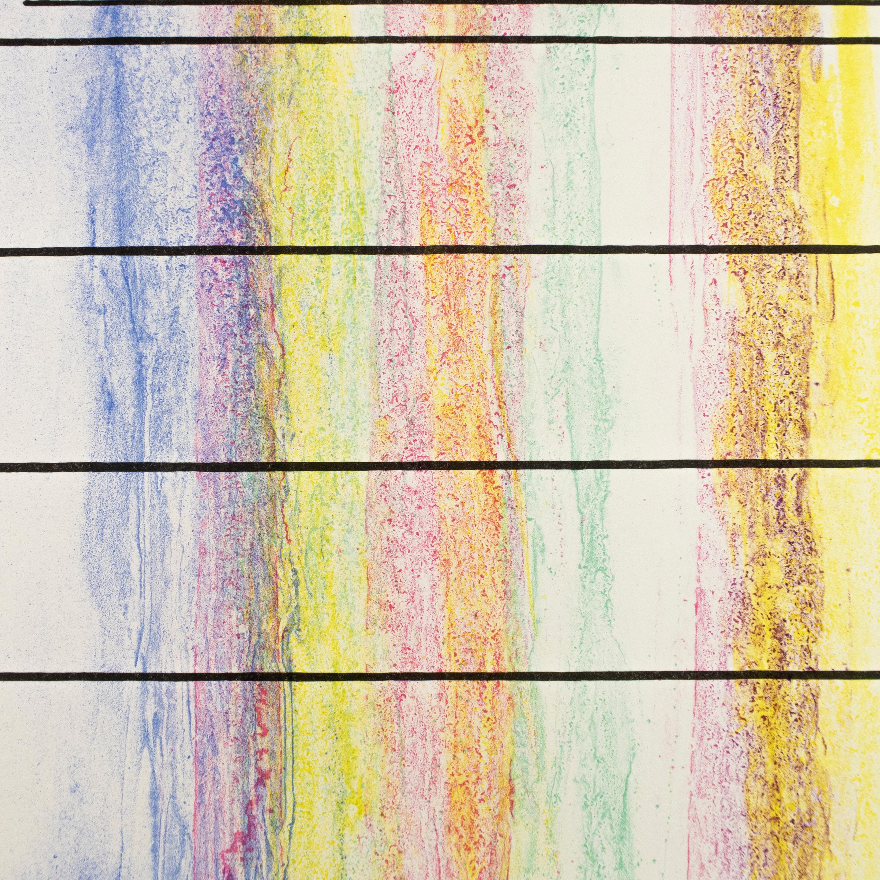 Regenbogen: farbenfrohe Rosenquist- Pop-Art mit Gold, Türkis, Violett, Rosa, Blau (Weiß), Landscape Print, von James Rosenquist