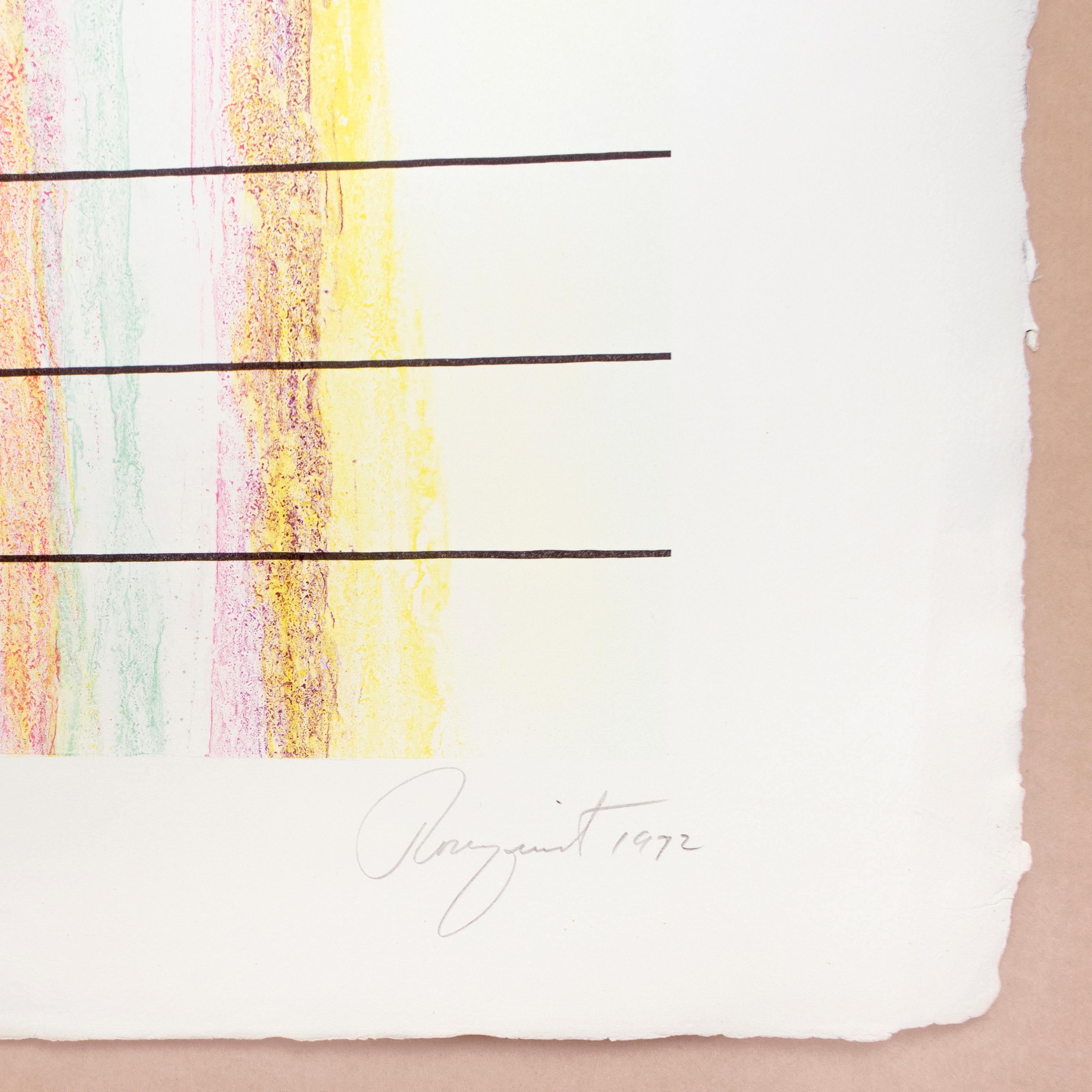 Eine klassische Rosenquist-Pop-Art-Komposition mit Gold, Türkis, Lila, Rosa, Blau, Grün und Gelb. Rainbow ist ein surreales und grafisches Werk, das kühne geometrische Formen mit malerischen Farbtupfern und Airbrush-Texturen verbindet. Rosenquists