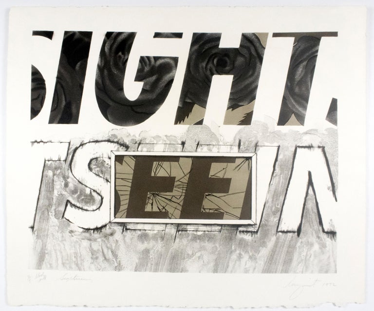 This abstract composition features a cropped view of the words SIGHT SEEING, in bold all-capital lettering. Roses fill the top line of text, and the bottom line of text in white is surrounded by translucent light grey brushstrokes. A frame outlines