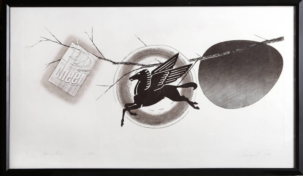 Artist: James Rosenquist, American (1933 - )
Title: Spring Cheer (2nd State)
Year: 1978
Medium: Intaglio Etching and Aquatint, signed and numbered in pencil
Edition: 78
Size: 23 in. x 40 in. (58.42 cm x 101.6 cm)
Frame Size: 24 x 41 inches