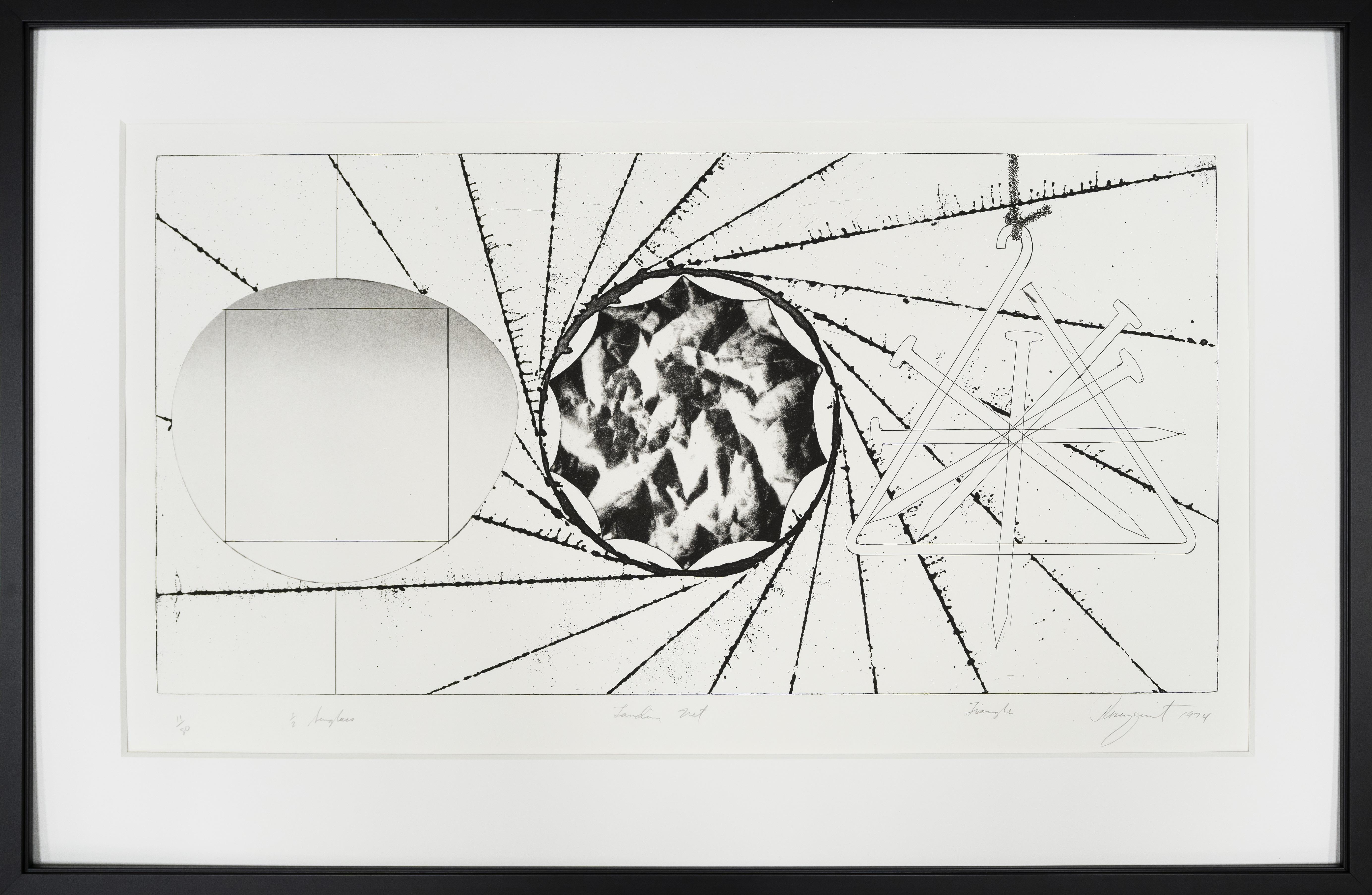 JAMES ROSENQUIST
   (B. 1933)

Sonnenbrillengläser-Landing Net-Triangle

Original-Radierung, 1974
Katalog Nr. 80
Blattgröße: 19 1/2" x 35 1/4"
Ausgabe Nummer 11 von 80
Signiert, nummeriert und datiert im unteren Rand

James Rosenquist, 1933 in Grand