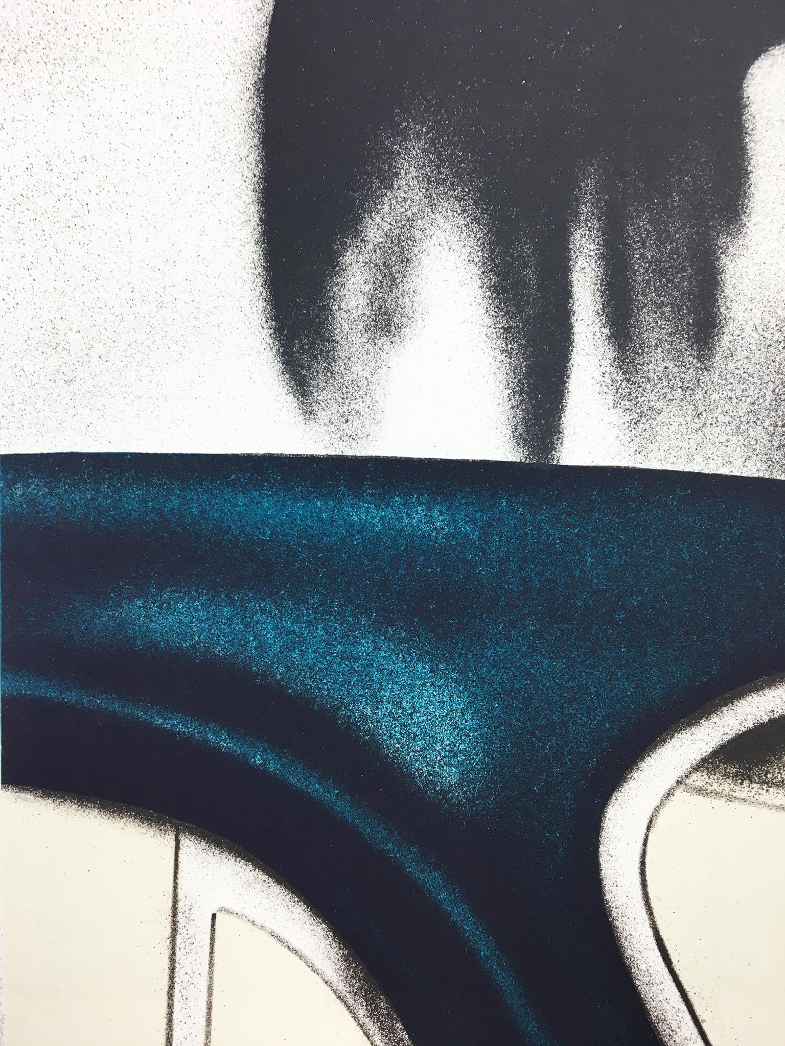 Printed in the same scale as the original James Rosenquist painting, this black and white, abstract pop art composition features a car door collaged over a gleaming, metallic chrome circle. The shining metal and automobile imagery is characteristic