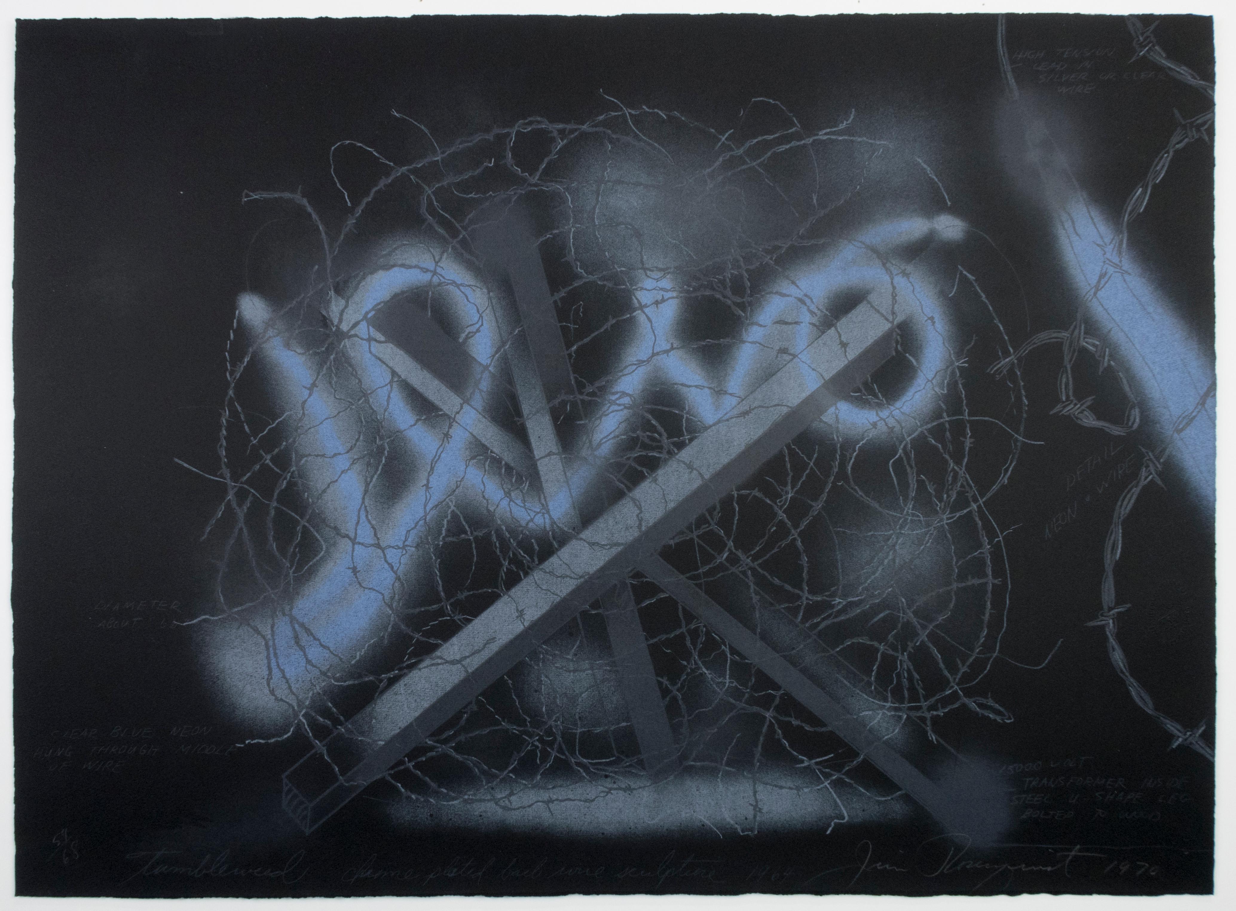 Tumbleweed, disegno litografico scultoreo di James Rosenquist con filo spinato blu al neon