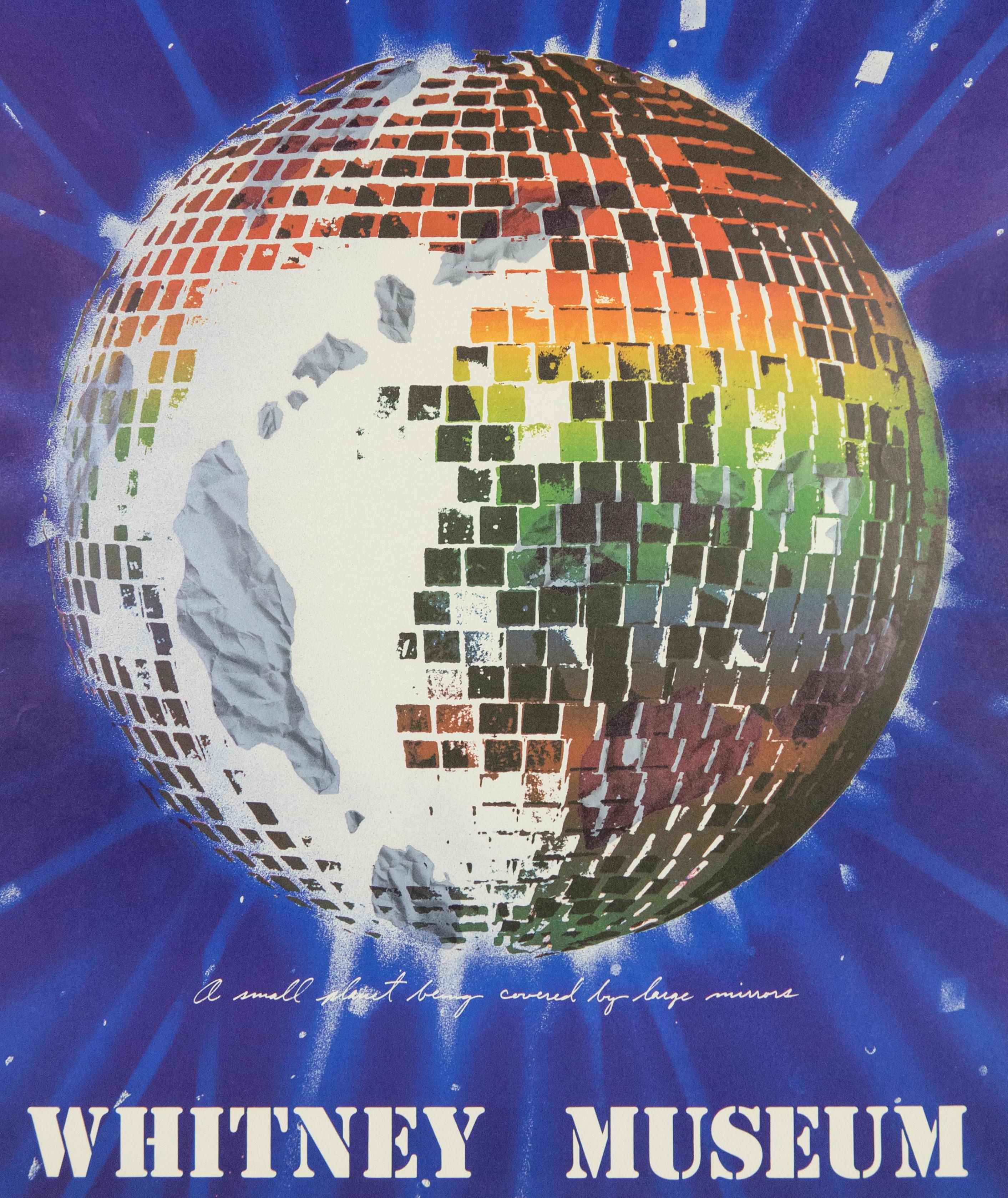 Vintage 1970s exhibition poster for James Rosenquist's 1972 retrospective at the Whitney Museum, New York. Positioned as planet Earth, a glittering disco ball reflects rainbow light against a deep blue airbrushed background. Bold white stenciled