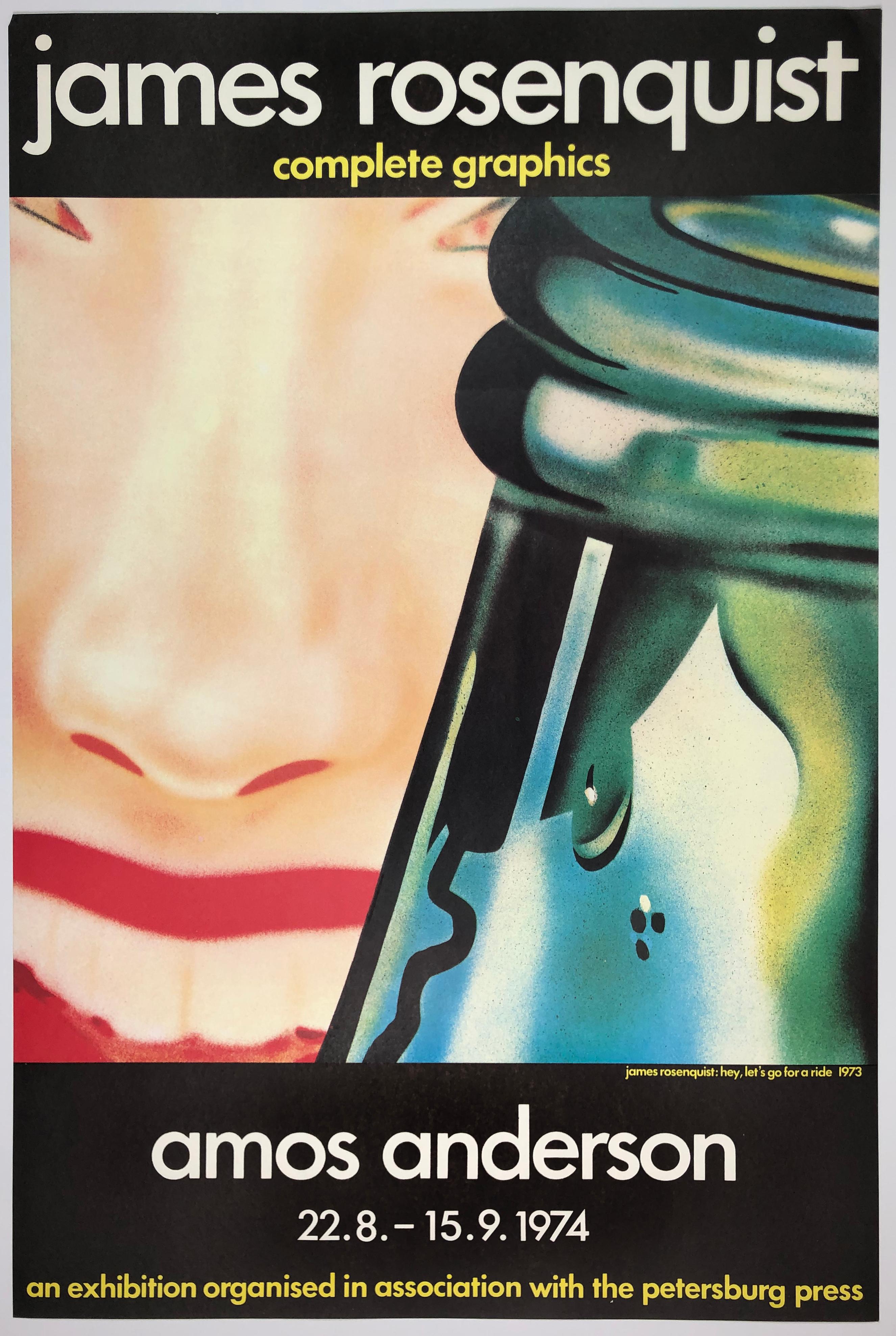 Original poster produced on the occasion of James Rosenquist’s exhibition at the Amos Anderson Gallery, organized by Petersburg Press. This vintage poster reproduces the artist’s 1973 lithograph Hey! Let’s Go for a Ride, based on the 1961 painting