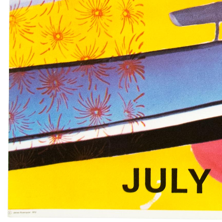 An inverted car, gleaming in chrome, speeds through sumptuous layers of pink, translucent yellow, and a veil of lacy, flower-like shapes. Across the top, the artist’s name is splashed in bold yellow capital letters. Poster reads: Rosenquist, Museum