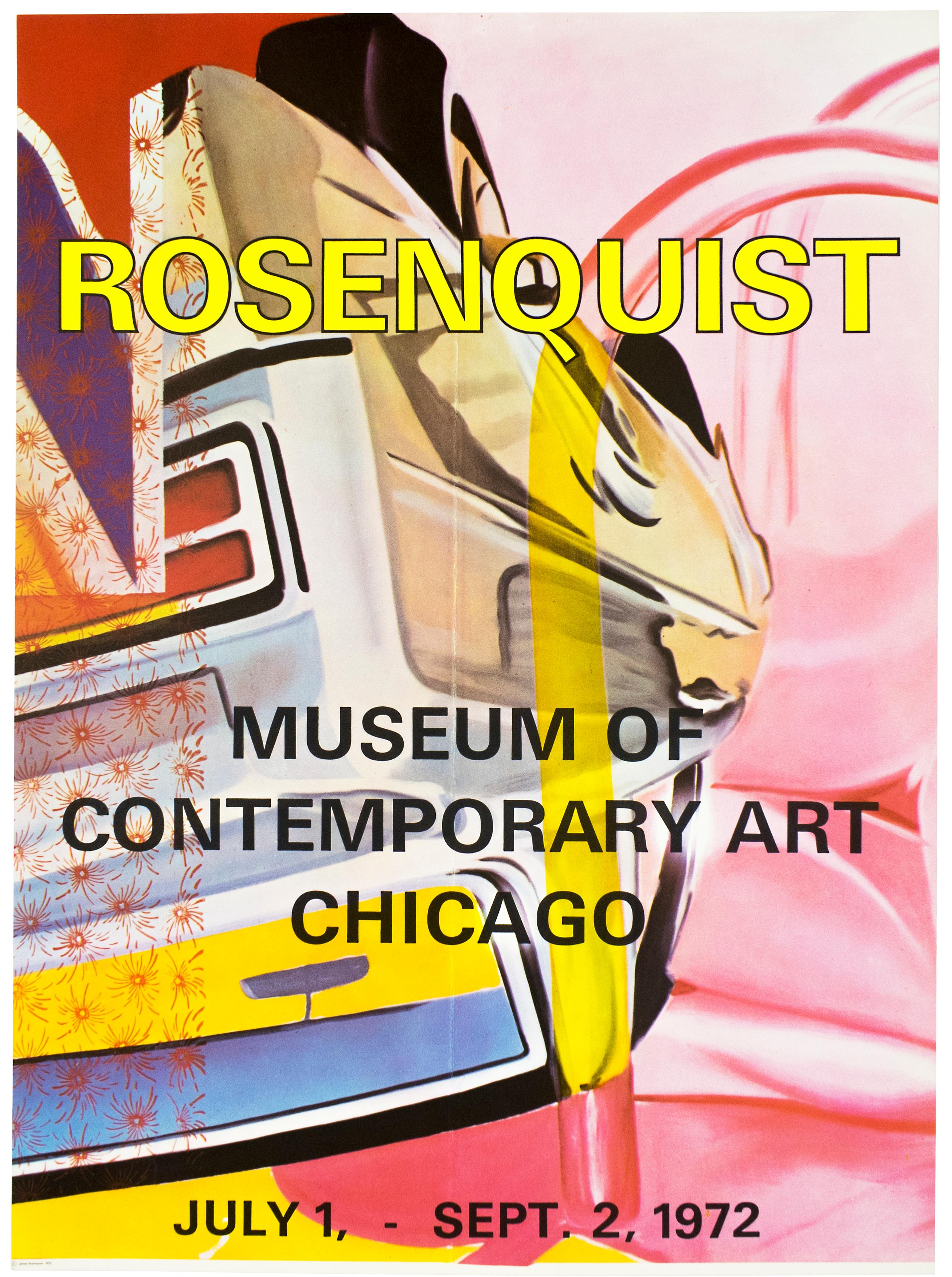 Poster d'epoca di James Rosenquist MOCA Chicago 1972 giallo neon rosa cromo