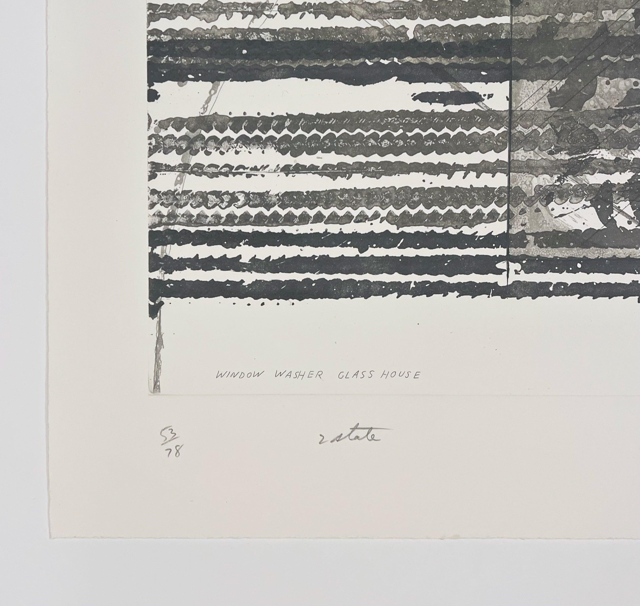 Artist: James Rosenquist
Title: Window Washer Glass House (State 2)
Medium: Intaglio and relief printed in dark gray and embossing
Date: 1978
Edition: 53/78
Sheet Size: 23