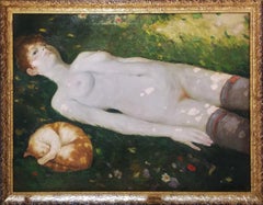Cynthia (with Cat) /// Modern James Roy Hopkins Pet Nude Figurative Grass Sun