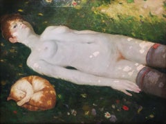 Cynthia (avec chat) /// Modern James Roy Hopkins Nude Figurative Grass Sun