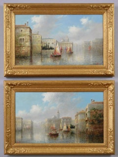 Antique Pair of 19th Century landscape oil paintings of Venice 