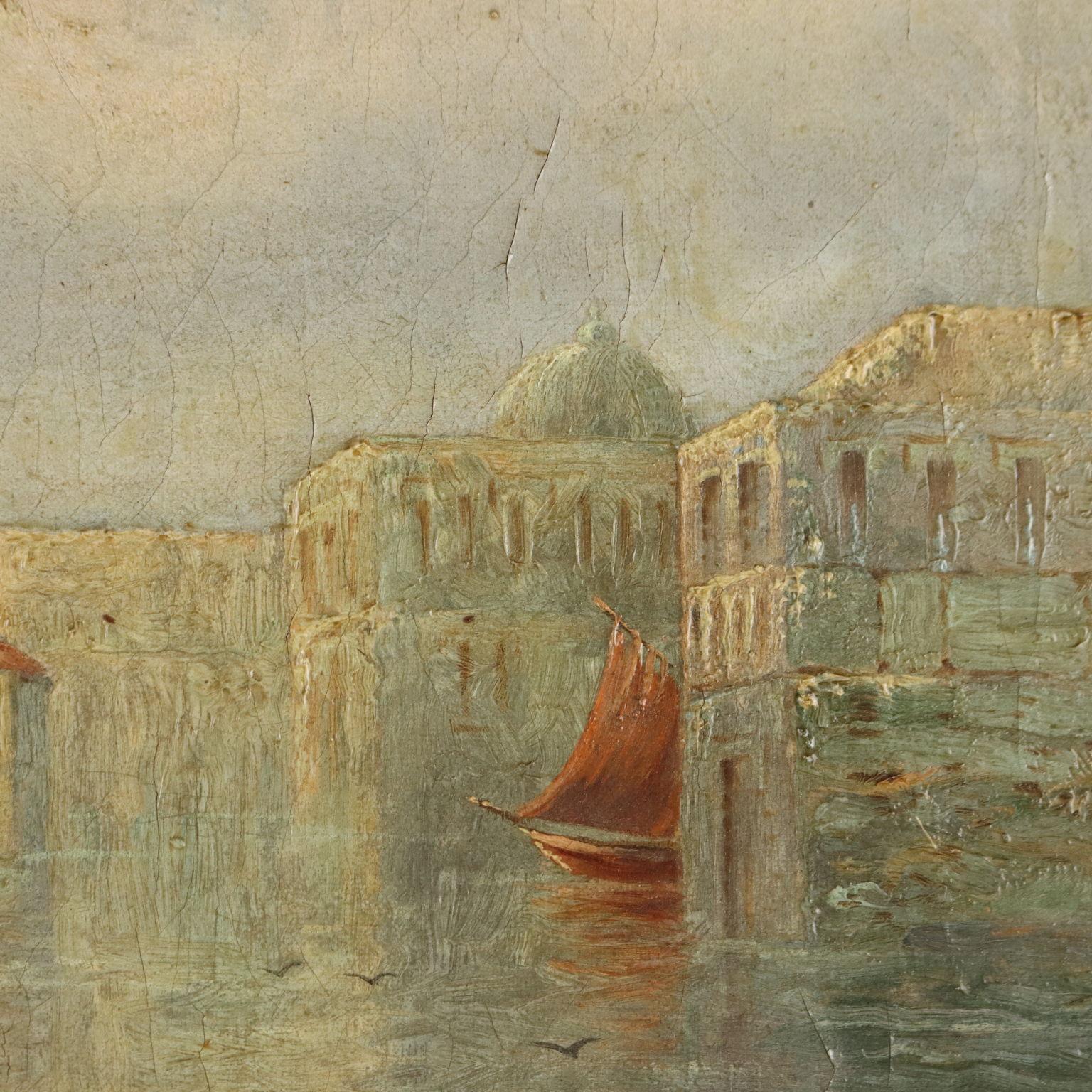Oil on Canvas. Signed lower right.
Several Venetian views are known of this English artist, with views of the Grand Canal populated by small boats with triangular orange sails; pastel, delicate and bright hues prevail, 
The work is presented in a