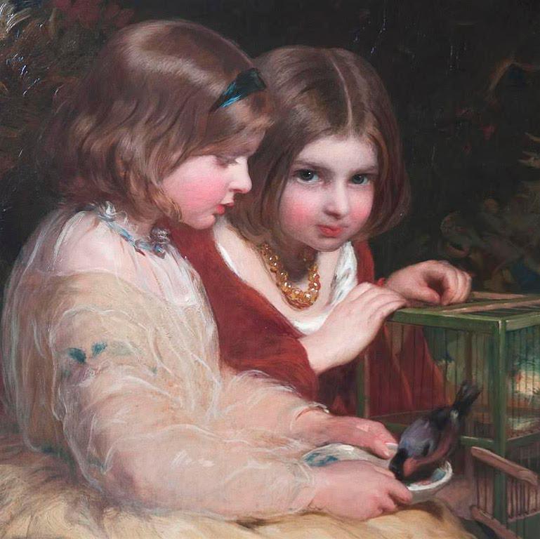 
‘The Pet Bullfinch’ James Sant CVO RA (1820-1916)
oil on canvas 30 x 25 in. (76.2 x 63.5 cm.)

James Sant was a well known Victorian painter particularly of women and children, as both portraits are allegorical subjects, i.e.  a painting that can
