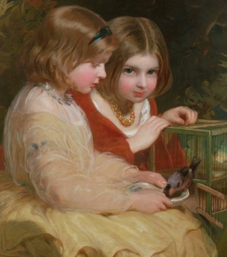 
Le bouvreuil de compagnie" James Sant CVO RA (1820-1916)
huile sur toile 30 x 25 in. (76.2 x 63.5 cm.)

James Sant était un peintre victorien bien connu, en particulier de femmes et d'enfants, car les deux portraits sont des sujets allégoriques,