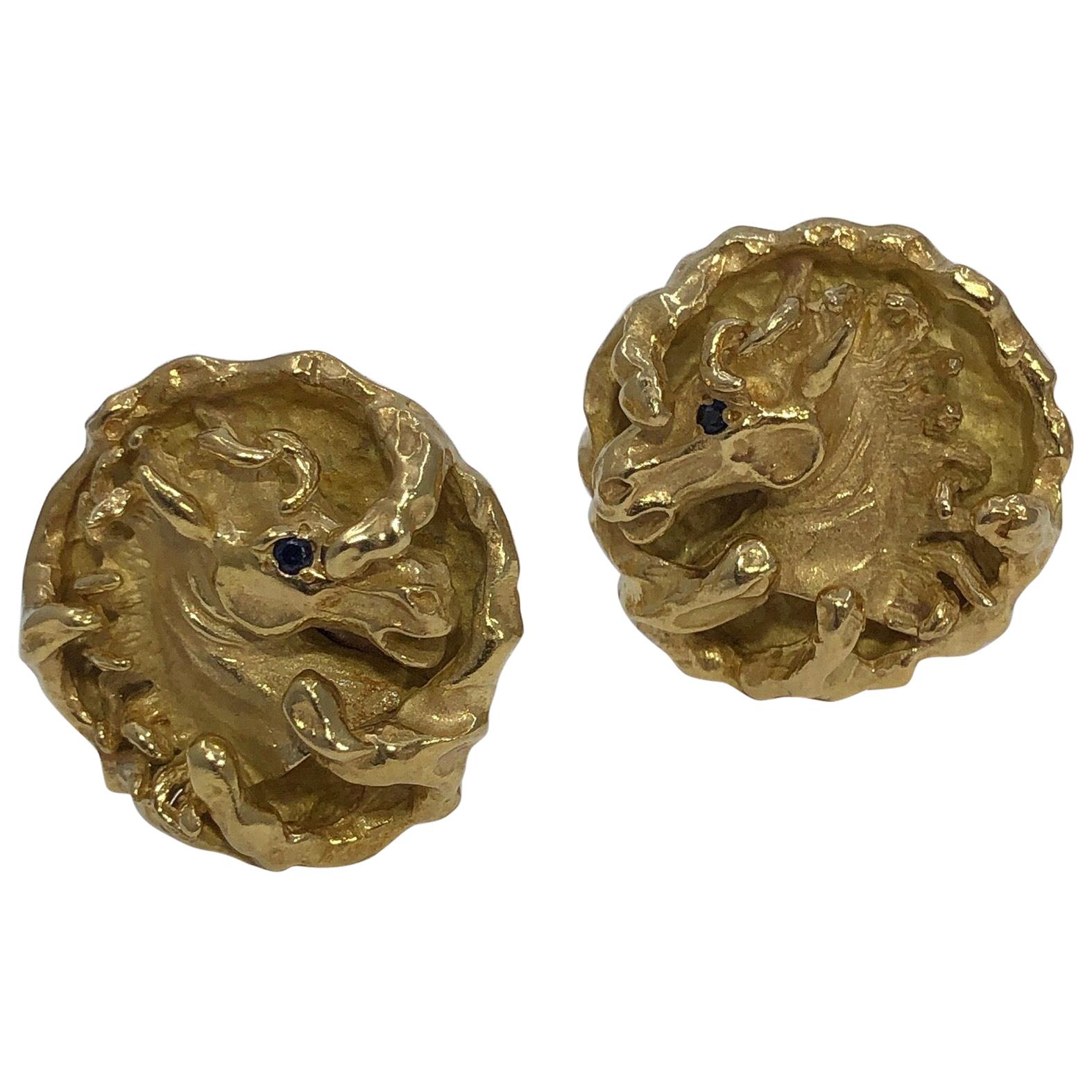 James Schwabe for Cartier Gold Equestrian Cufflinks with Sapphire Eyes
