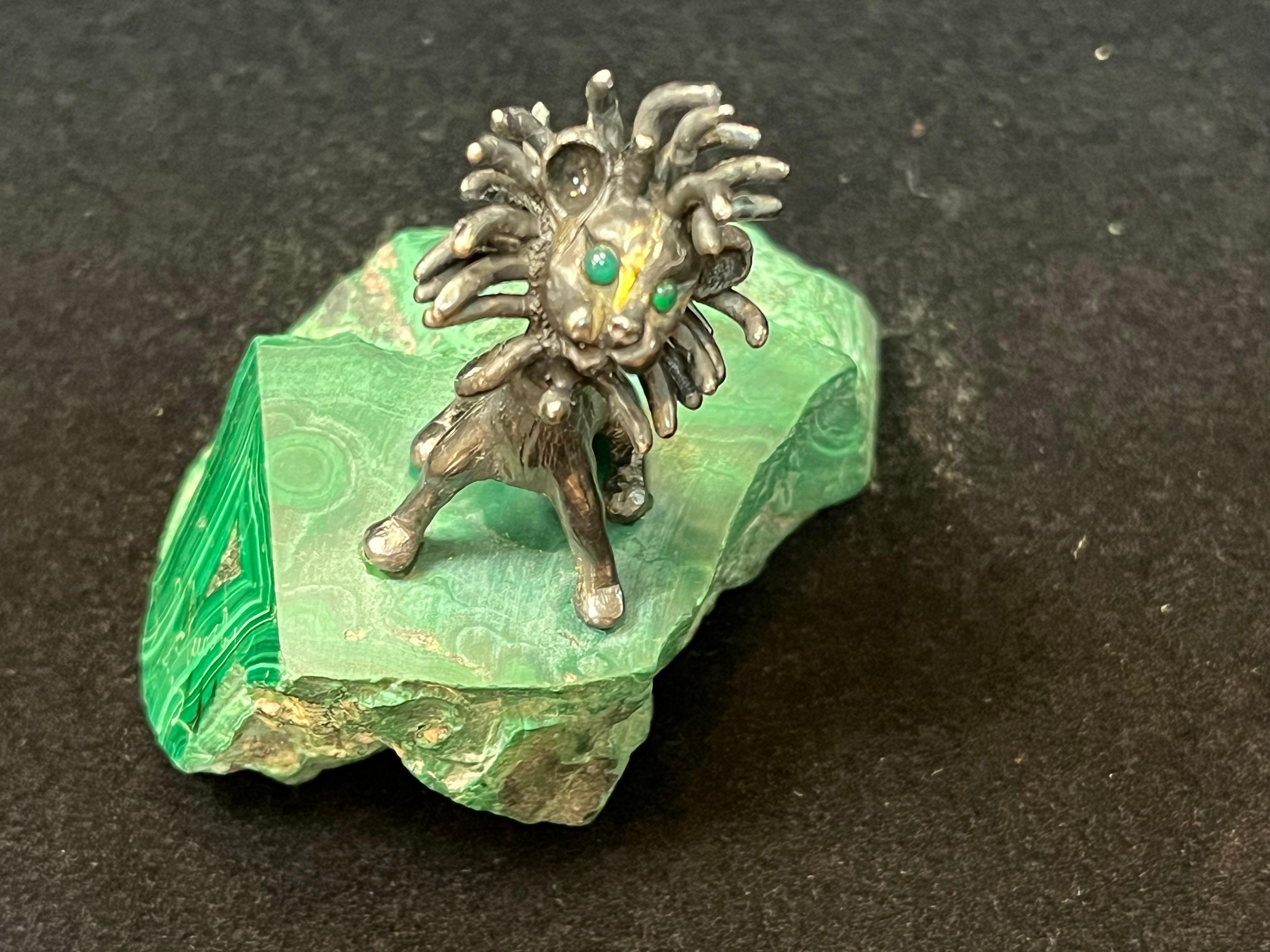 James Schwabe Sterling Silver and Gemstone Lion Sculpture Mounted on Malachite For Sale 5