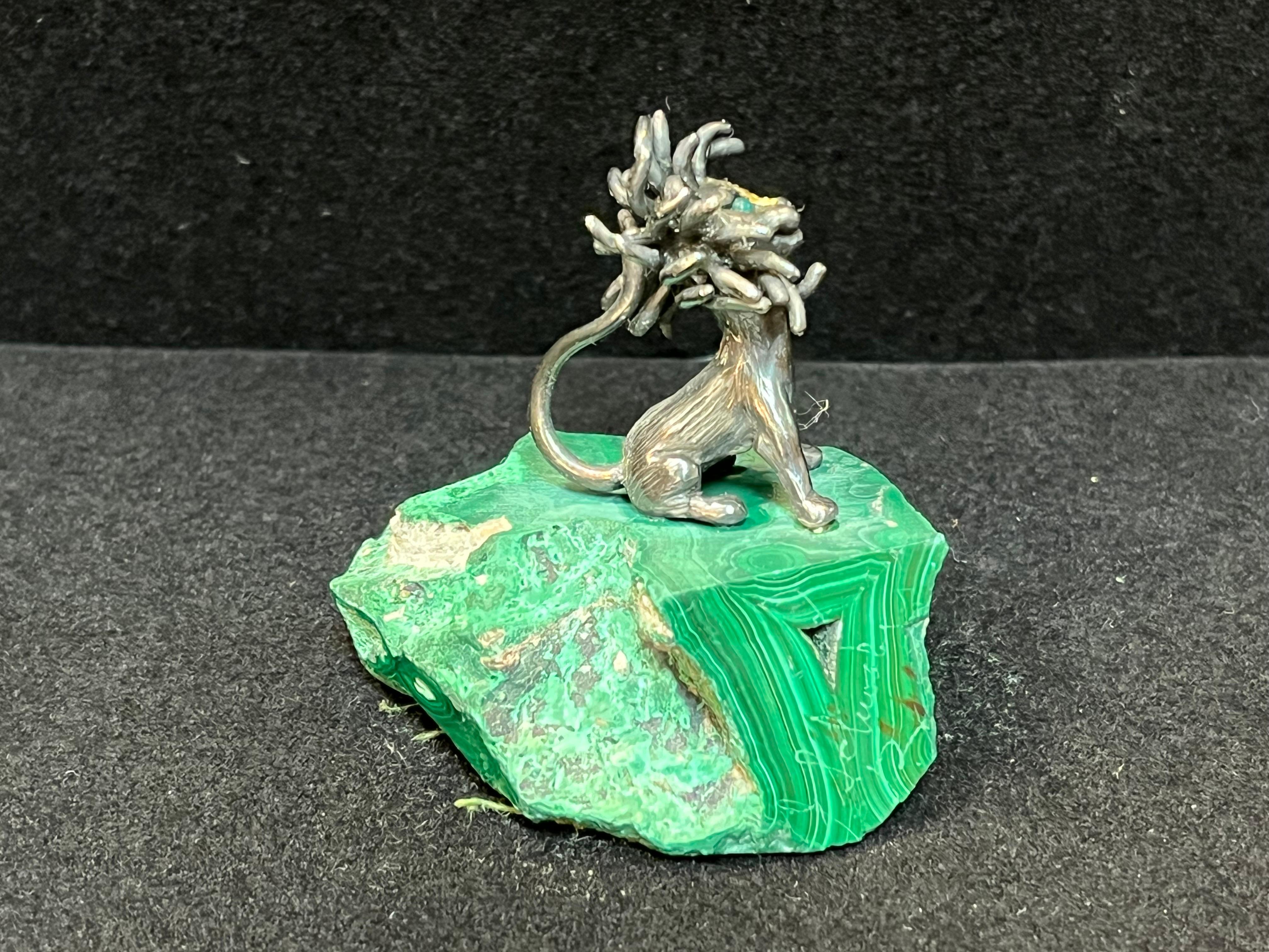 James Schwabe Sterling Silver and Gemstone Lion Sculpture Mounted on Malachite For Sale 6