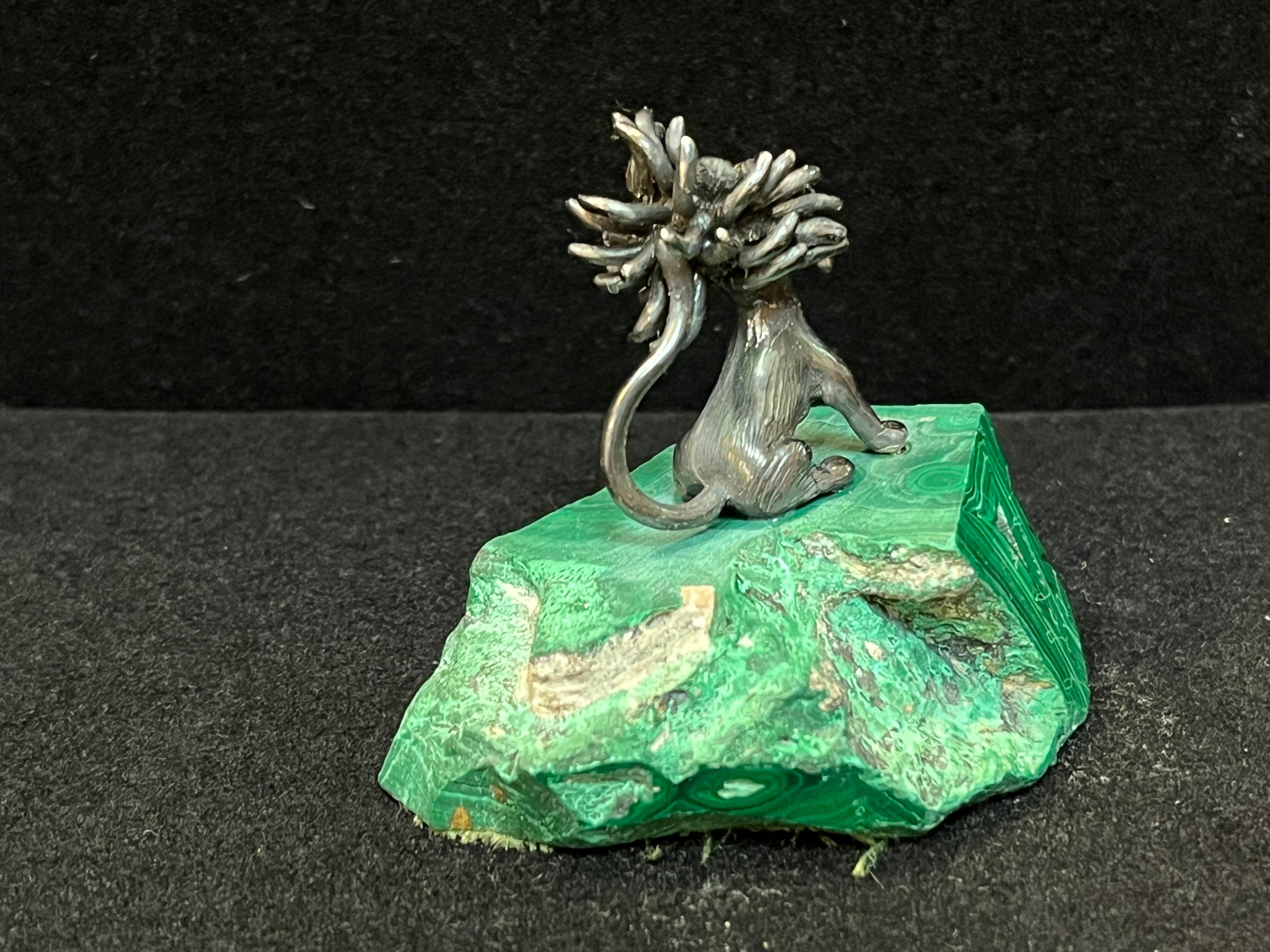 James Schwabe Sterling Silver and Gemstone Lion Sculpture Mounted on Malachite 8