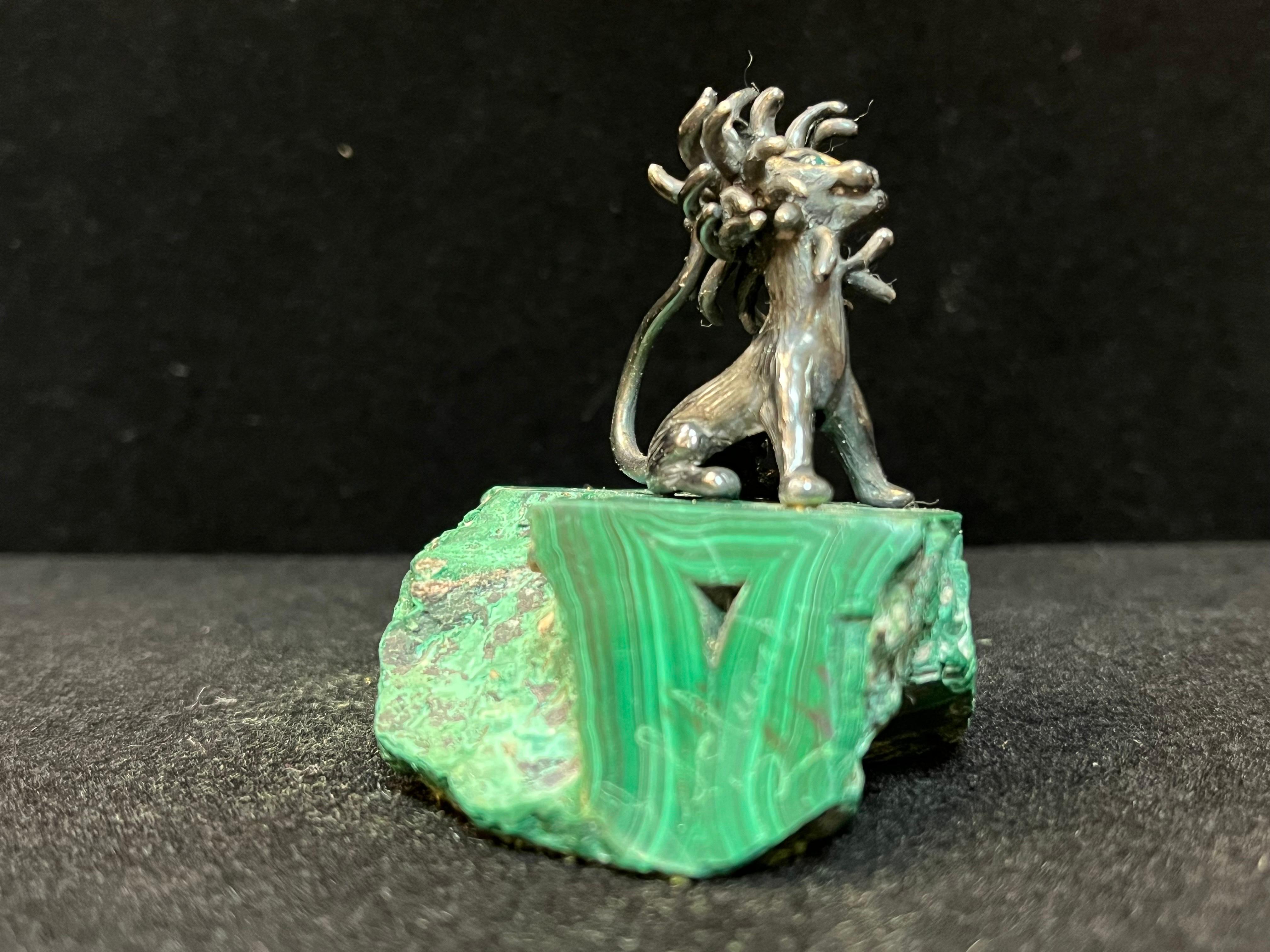 American James Schwabe Sterling Silver and Gemstone Lion Sculpture Mounted on Malachite