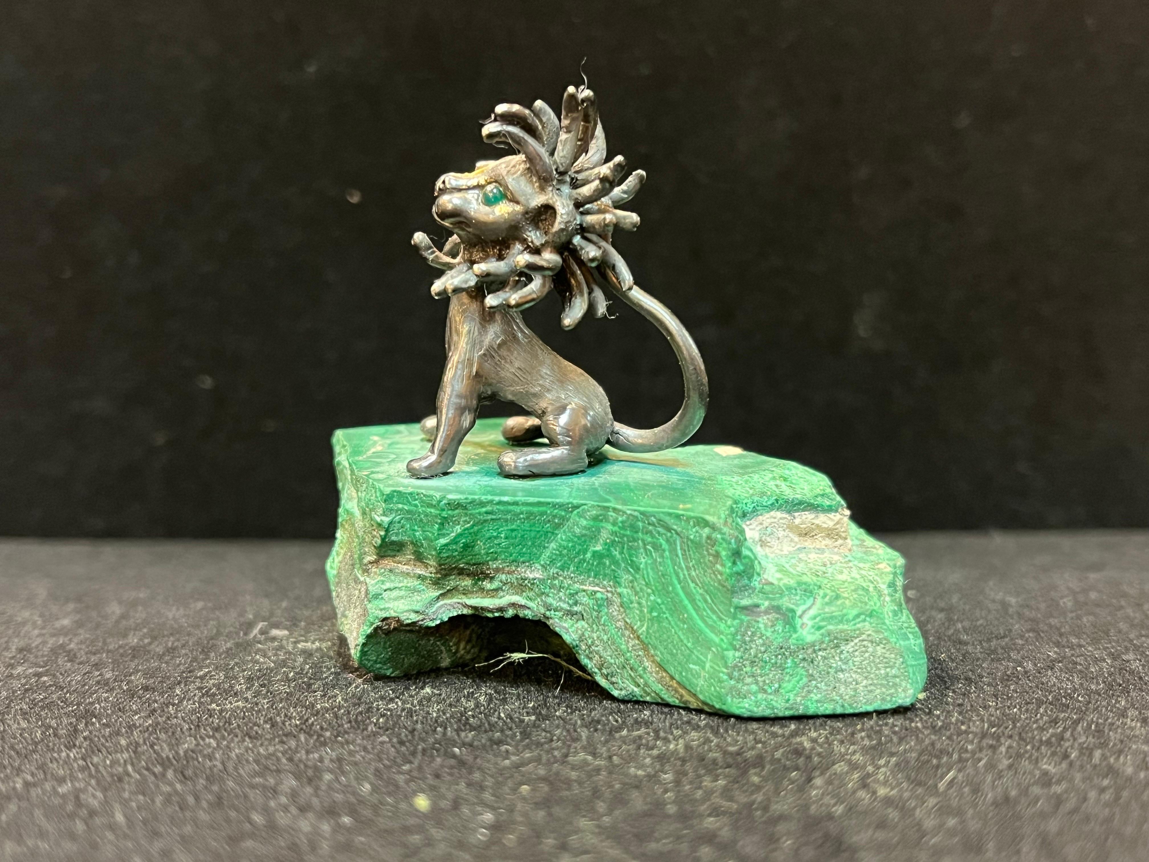 James Schwabe Sterling Silver and Gemstone Lion Sculpture Mounted on Malachite In Good Condition For Sale In Atlanta, GA