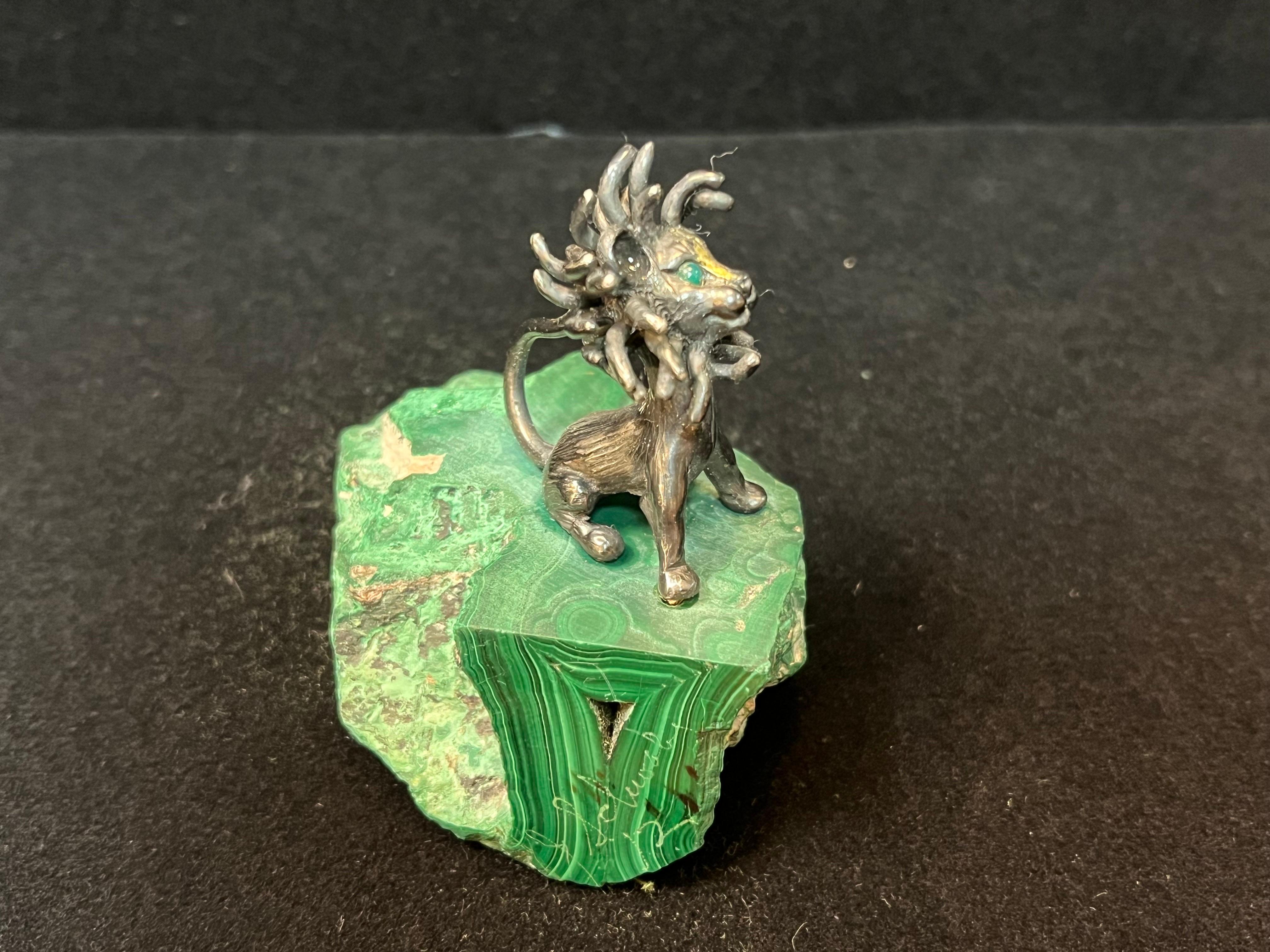 James Schwabe Sterling Silver and Gemstone Lion Sculpture Mounted on Malachite For Sale 3