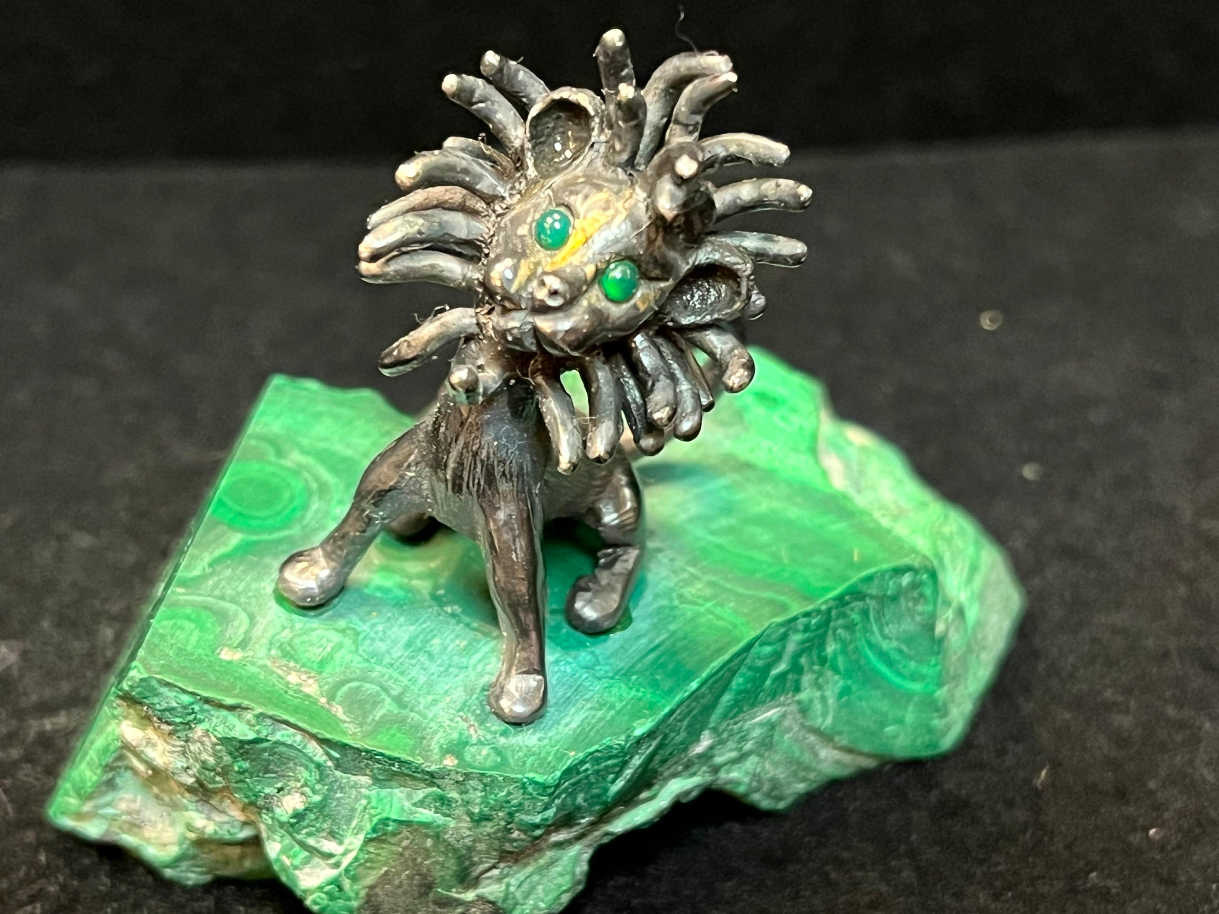 James Schwabe Sterling Silver and Gemstone Lion Sculpture Mounted on Malachite 4