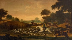 18th Century British English Fox and Hounds Hunting Scene Huge Oil Painting