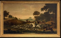 18th Century British English Fox and Hounds Hunting Scene Huge Oil Painting