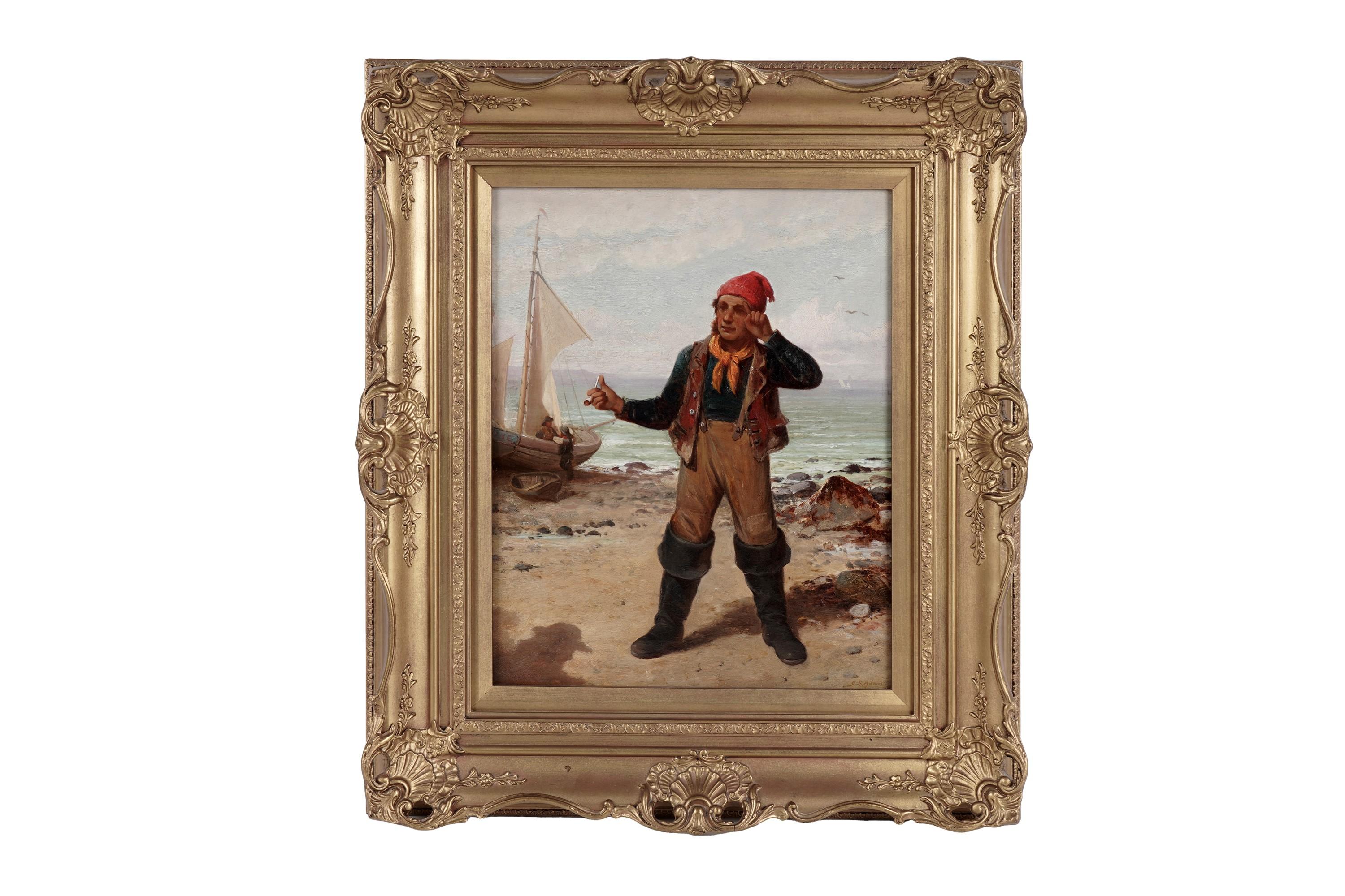 Fine 1880's British Signed Oil Painting Old Fisherman Sailor Standing on Beach - Black Landscape Painting by James Seymour Adams
