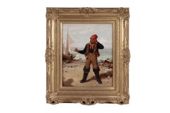Fine 1880's British Signed Oil Painting Old Fisherman Sailor Standing on Beach