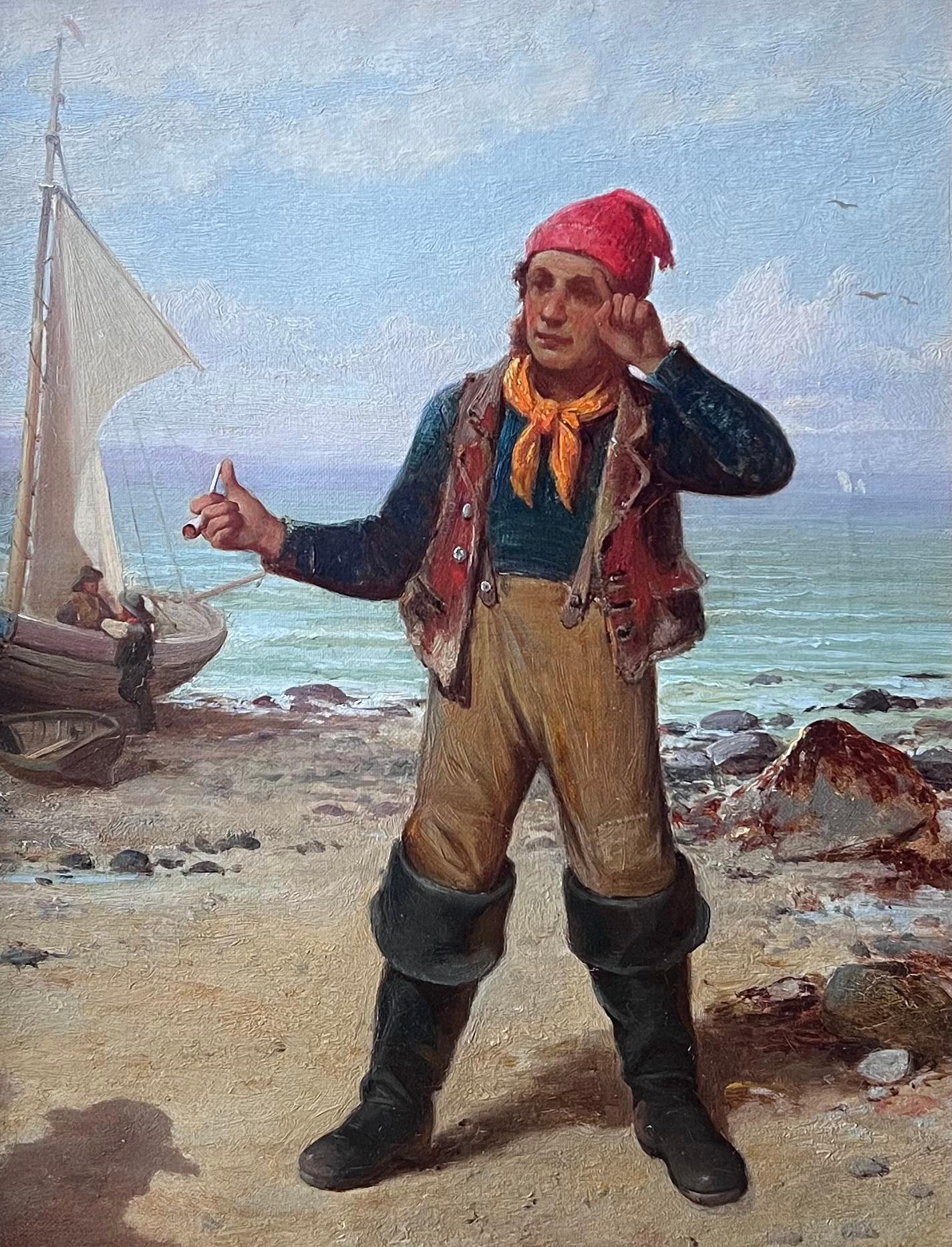 Fine 1880's British Signed Oil Painting Old Fisherman Sailor Standing on Beach For Sale 2