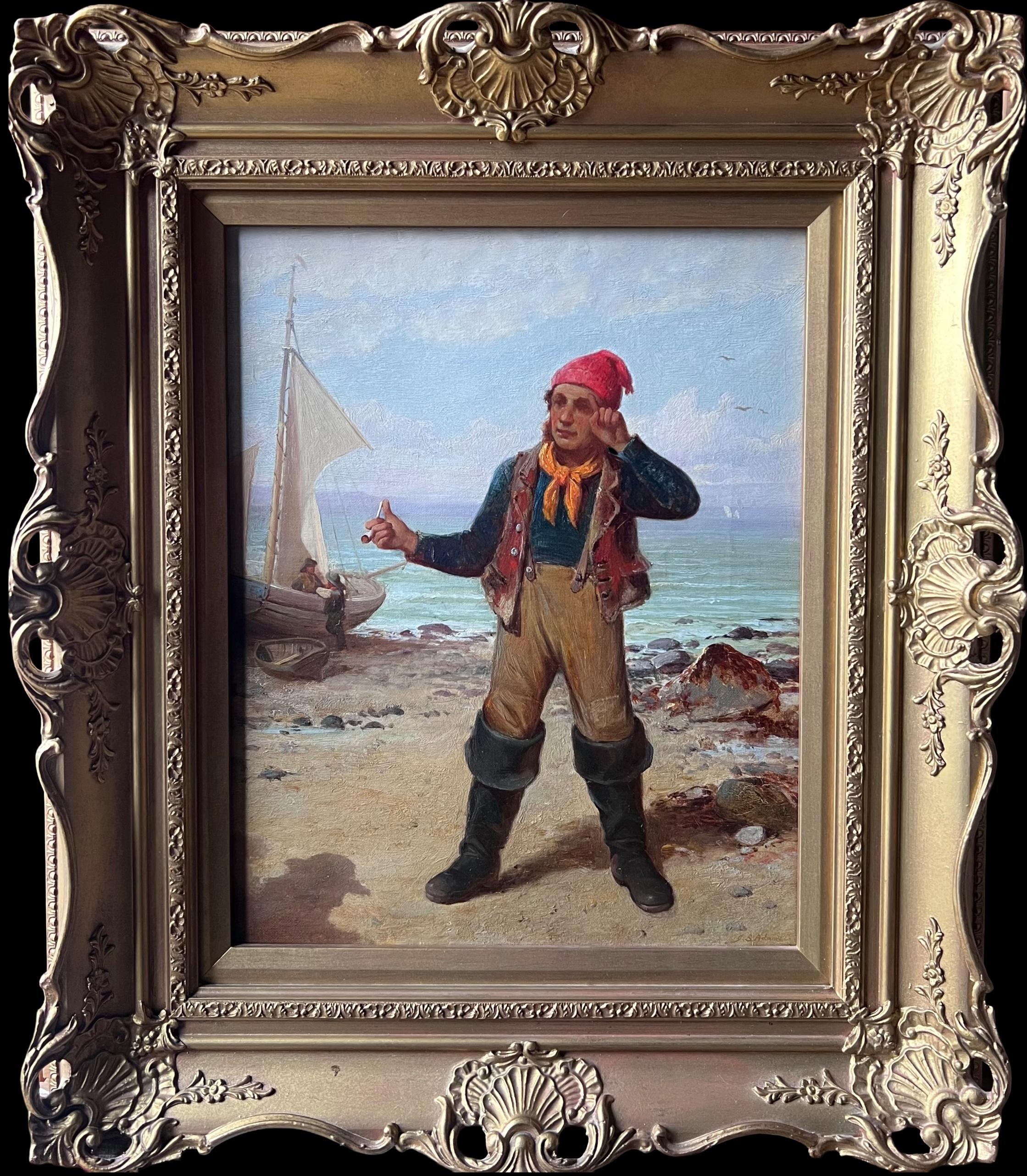 James Seymour Adams Landscape Painting - Fine 1880's British Signed Oil Painting Old Fisherman Sailor Standing on Beach