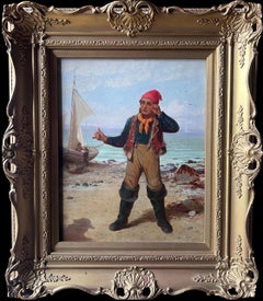 Fine 1880's British Signed Oil Painting Old Fisherman Sailor Standing on Beach