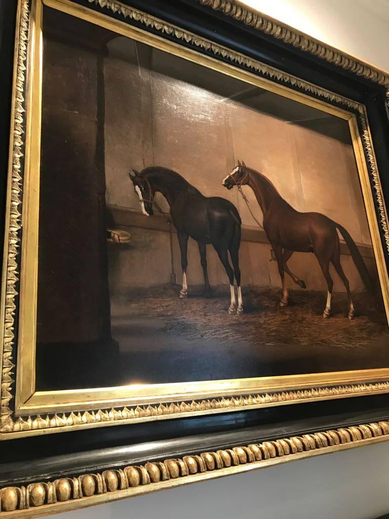 18th Oil Painting Horses Feeding at the Stables - Black Animal Painting by James Seymour