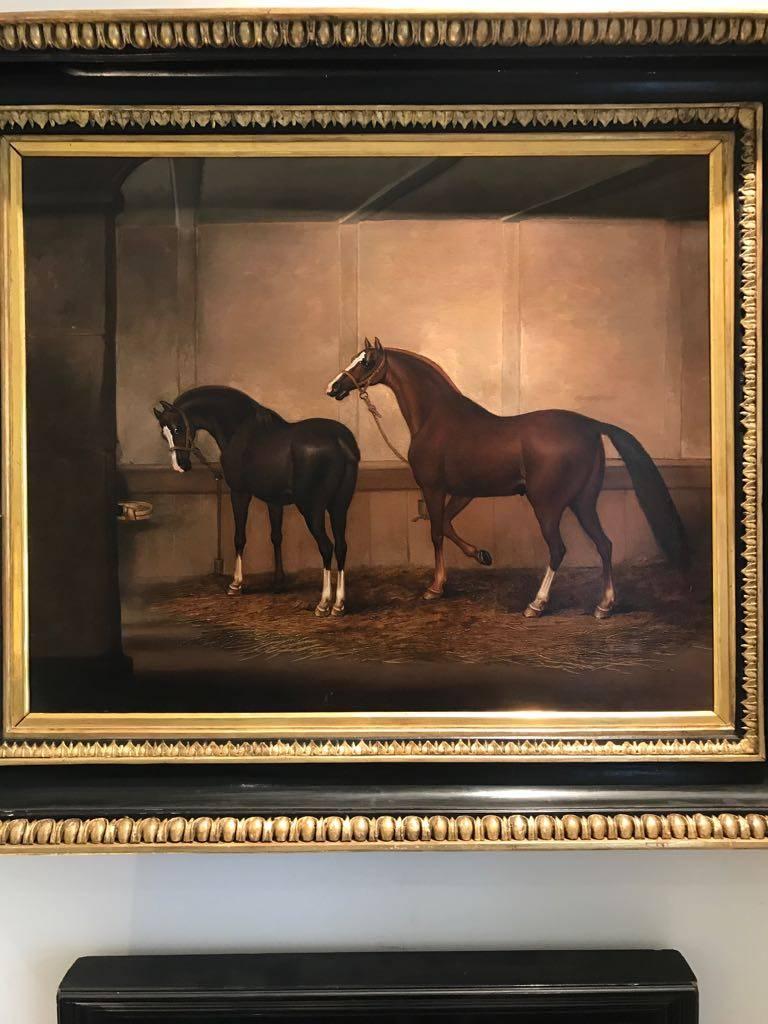18th Oil Painting Horses Feeding at the Stables - Black Animal Painting by James Seymour