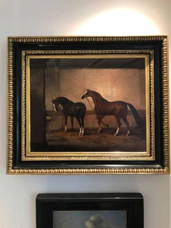 Peinture à l'huile du 18e siècle : chevaux nourrissant aux Stables