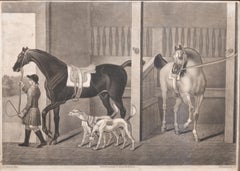 A horse being led from a stable