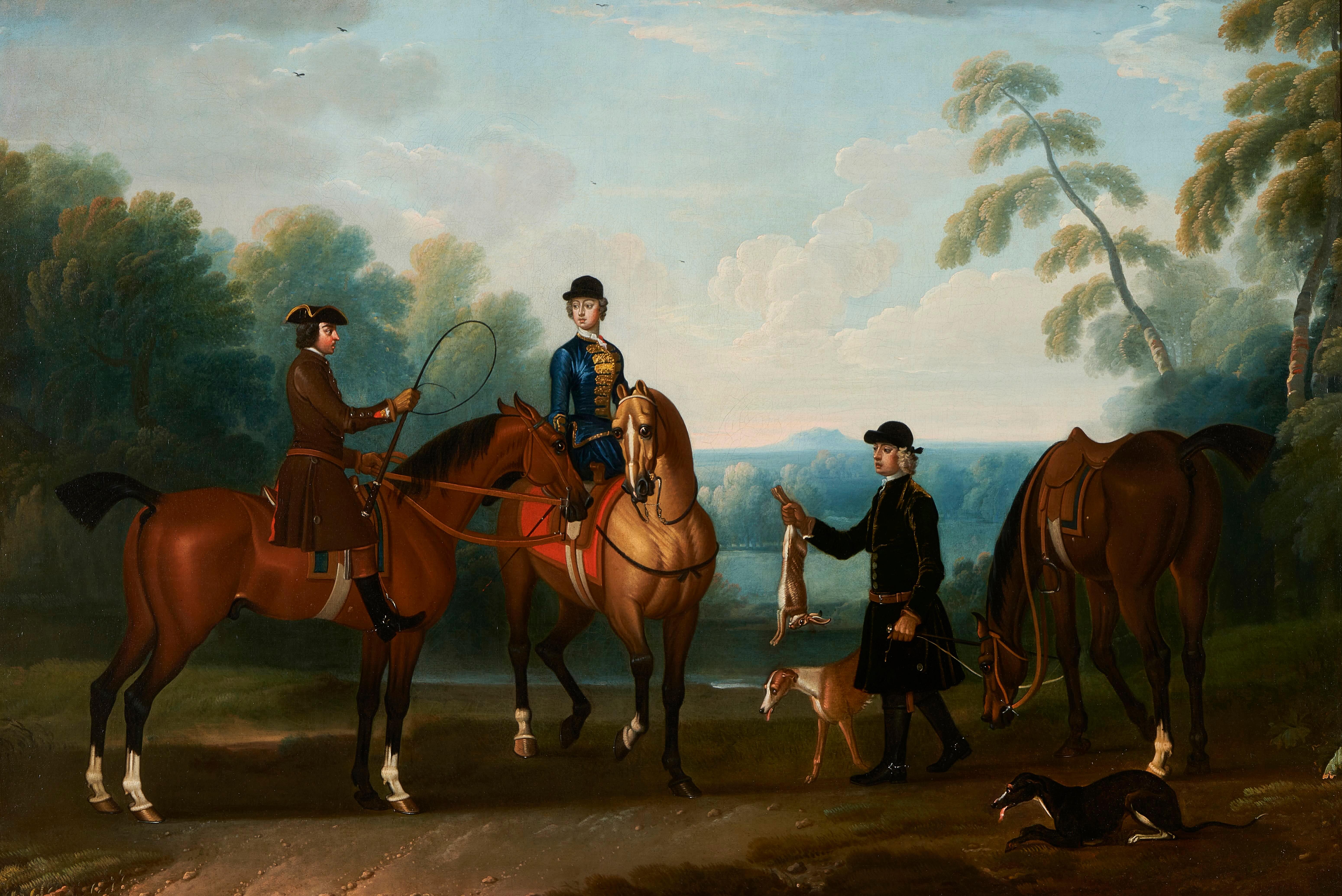 An elegant lady and gentleman hare coursing in an extensive landscape - Painting by James Seymour