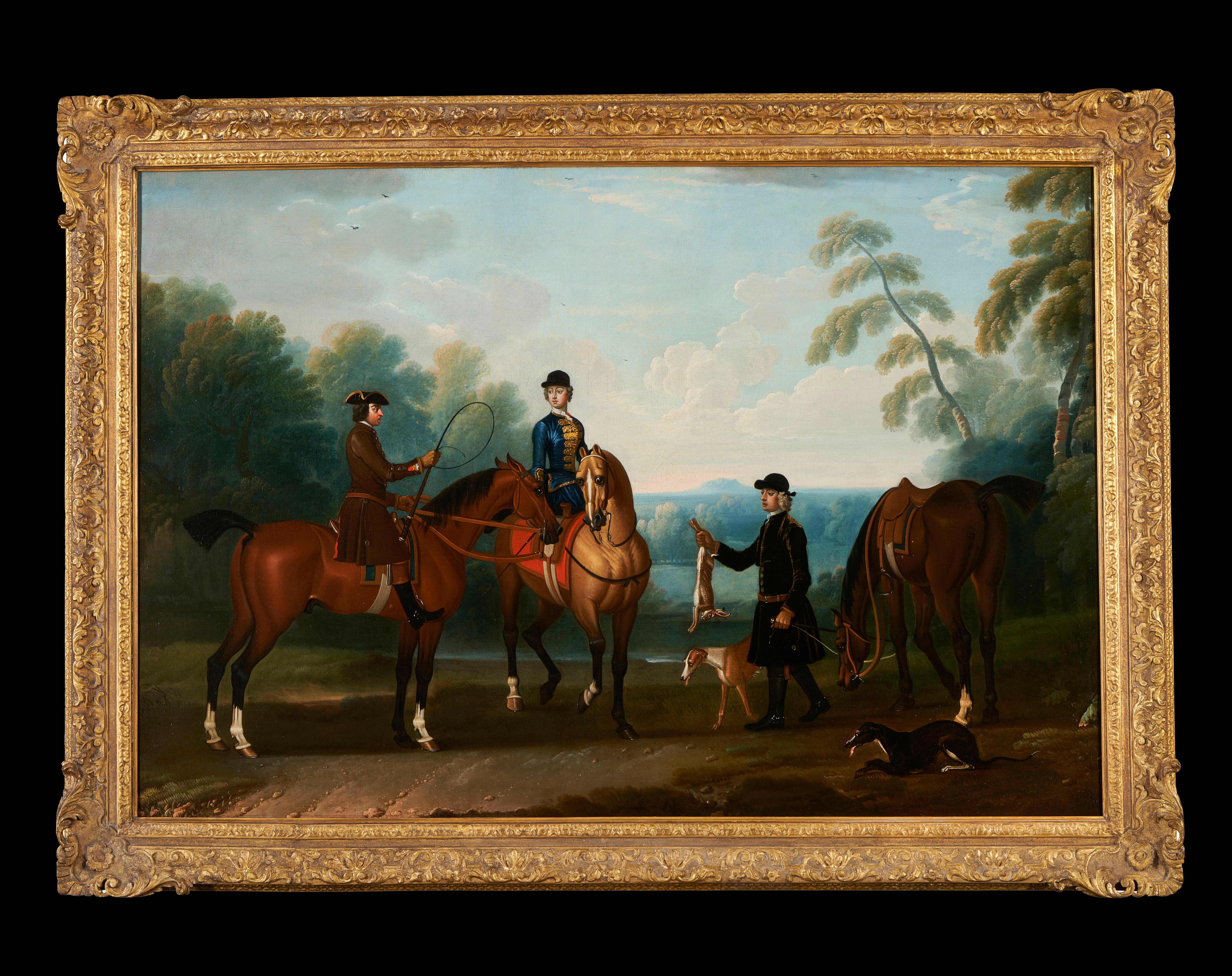 James Seymour Figurative Painting - An elegant lady and gentleman hare coursing in an extensive landscape