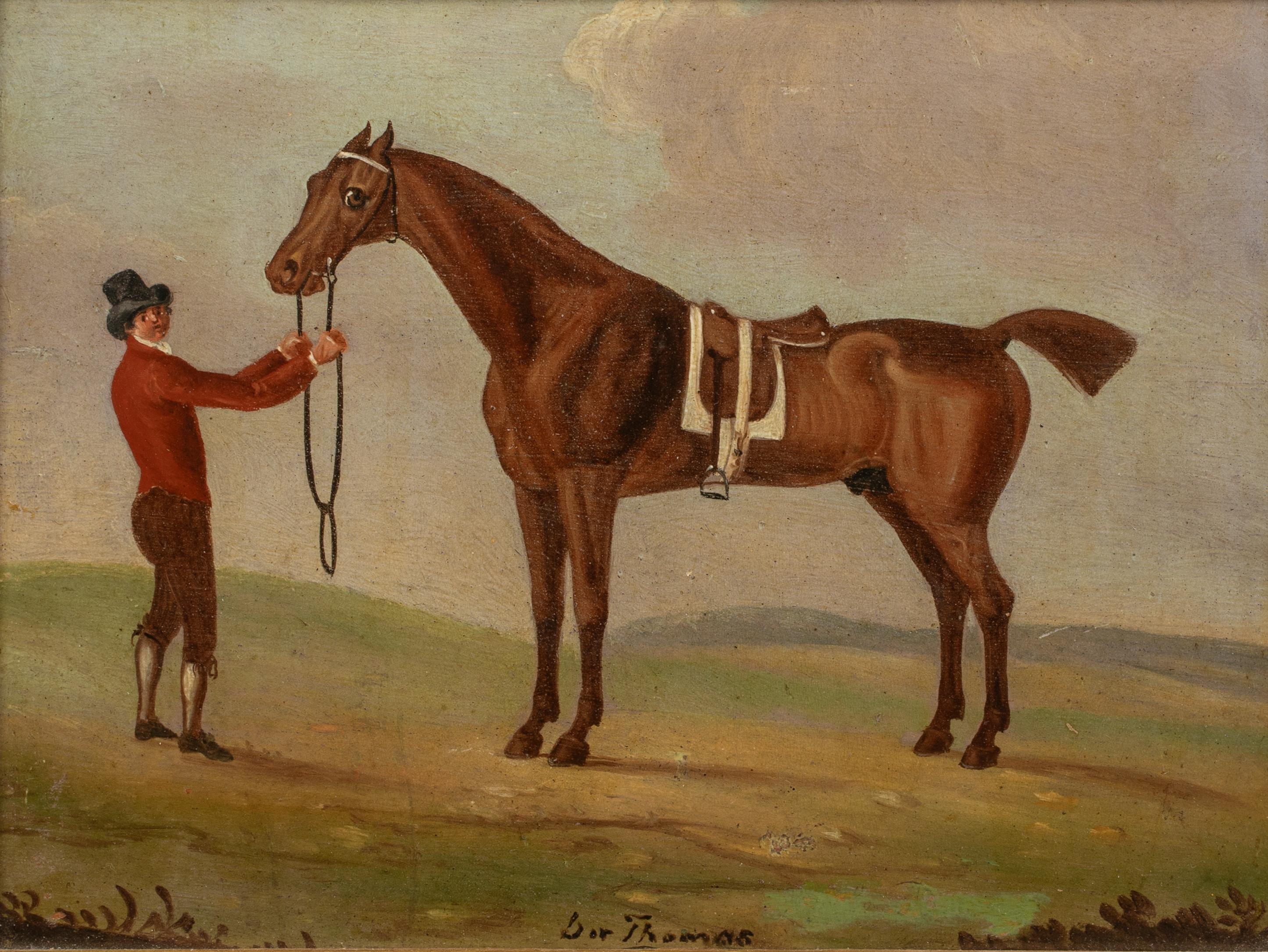 Portrait de Sir Thomas & Groom, 18e siècle 

attribué à JAMES SEYMOUR (1702-1752) - un exemplaire de la paire

Portrait équestre du XVIIIe siècle représentant le cheval de course Sir Thomas et son palefrenier dans un paysage, huile sur panneau