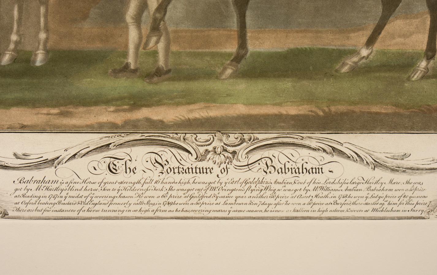 Restrike von gestochener Platte mit Handkolorit, aus einer Serie von zwölf Porträts berühmter Rennpferde mit ihren Stallknechten, vom irischen Schabkunststecher Richard Houston (1721-1775) nach James Seymour (1702-1752) mit ornamentalen Bordüren und