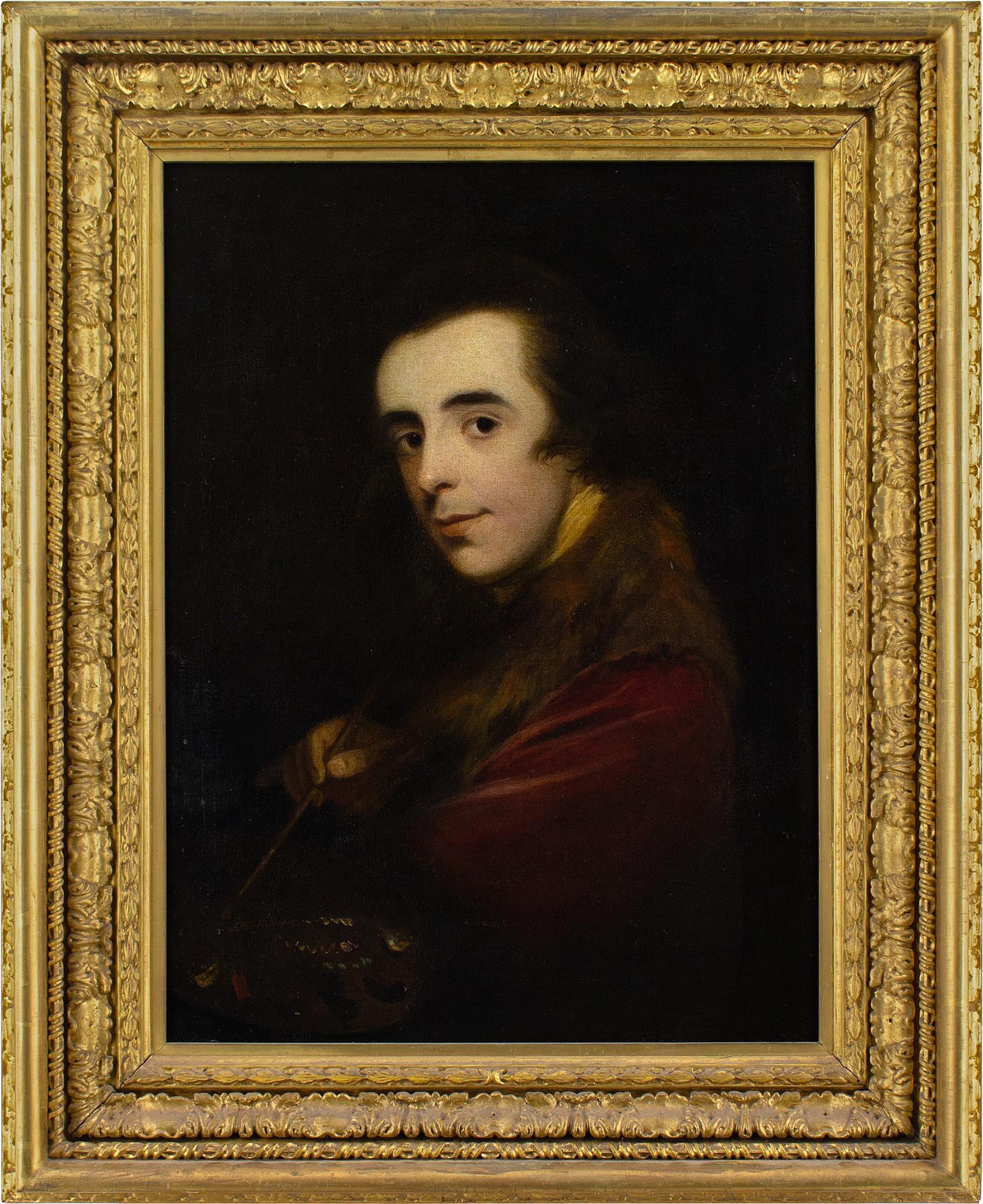 This mid-18th-century oil painting by James Shaw (1736-aft.1787) depicts the artist with a palette and brush. It formerly hung at The Wodehouse, a grade II listed country manor house in Staffordshire.

Lavishly attired in a decadent fur-trimmed red