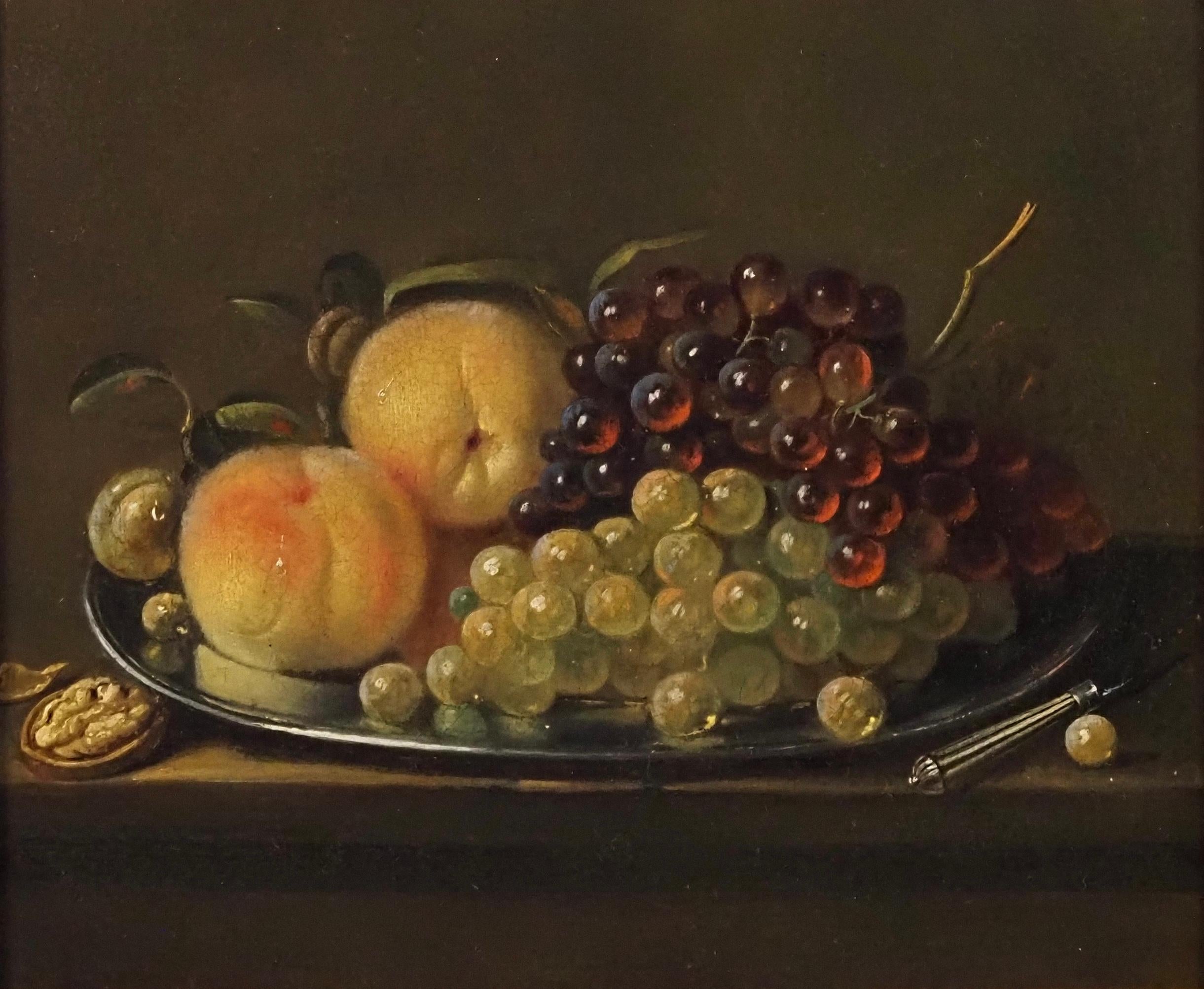 Still life of grapes, peaches and hazelnuts - Painting by James Shaw