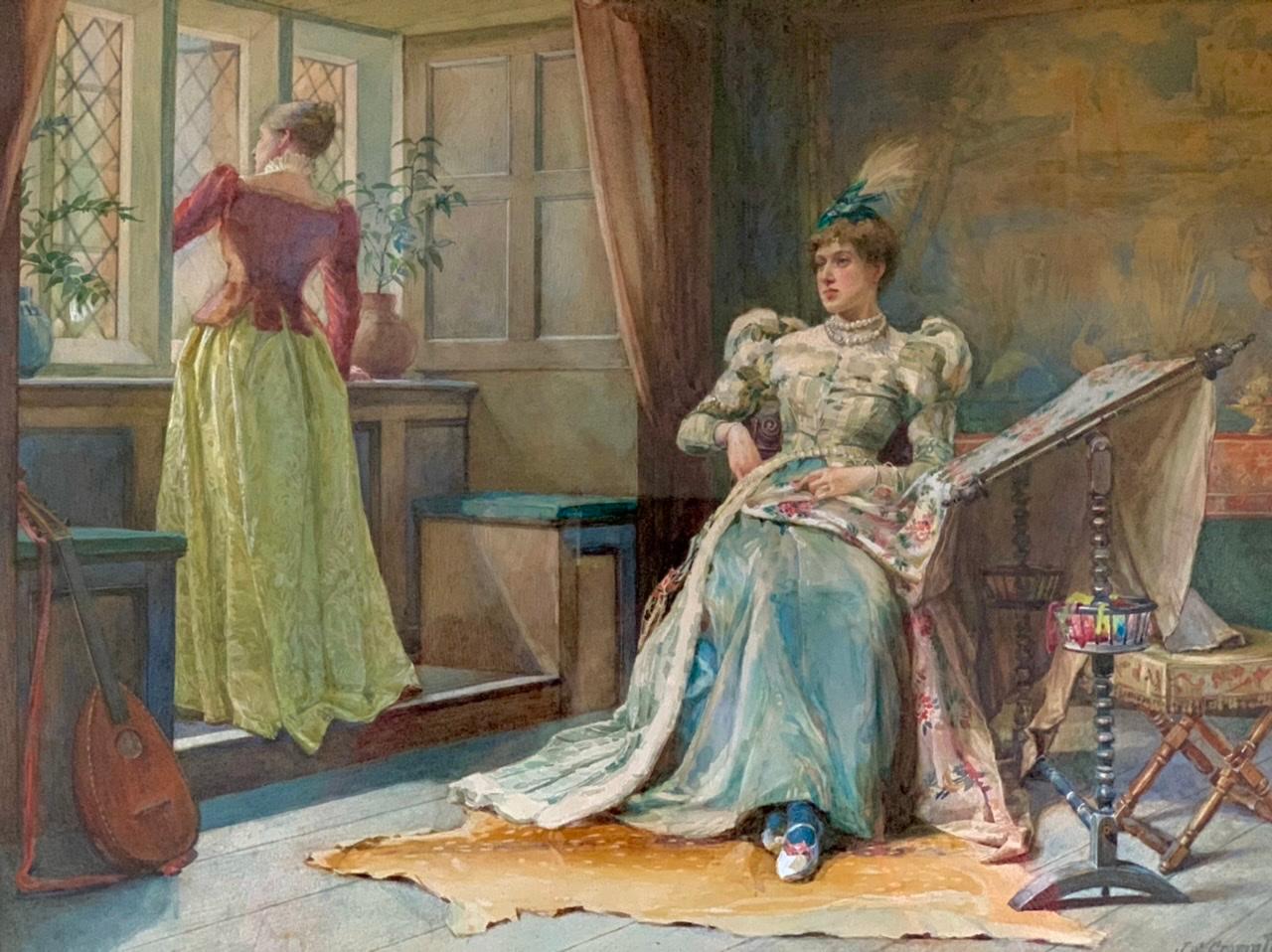James Shaw Crompton « Sewing Scene » Hand-Painted Watercolor XIXth Century 2