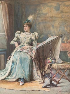 James Shaw Crompton « Sewing Scene » Hand-Painted Watercolor XIXth Century