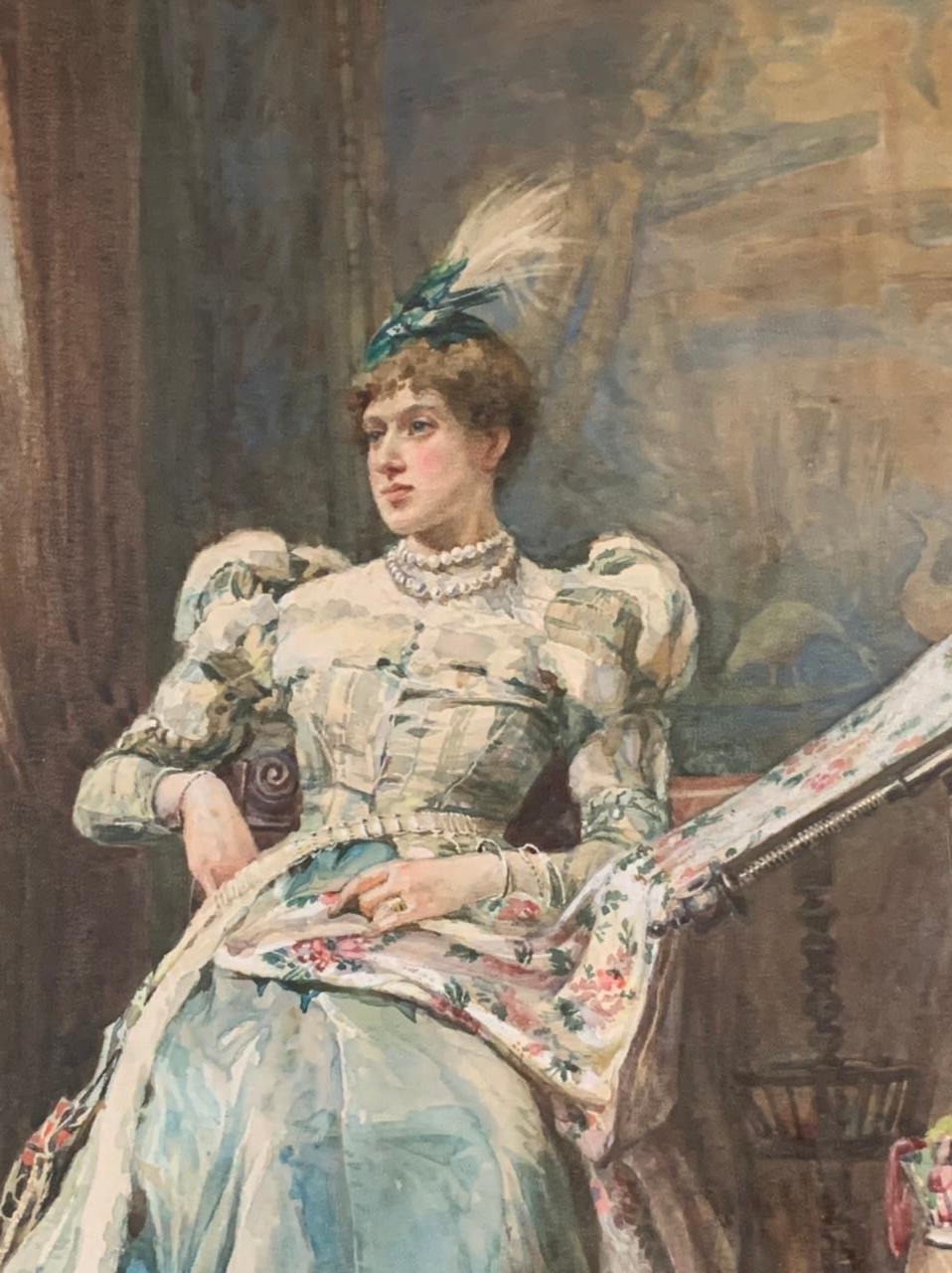 Victorian James Shaw Crompton « Sewing Scene » Hand-Painted Watercolor XIXth Century