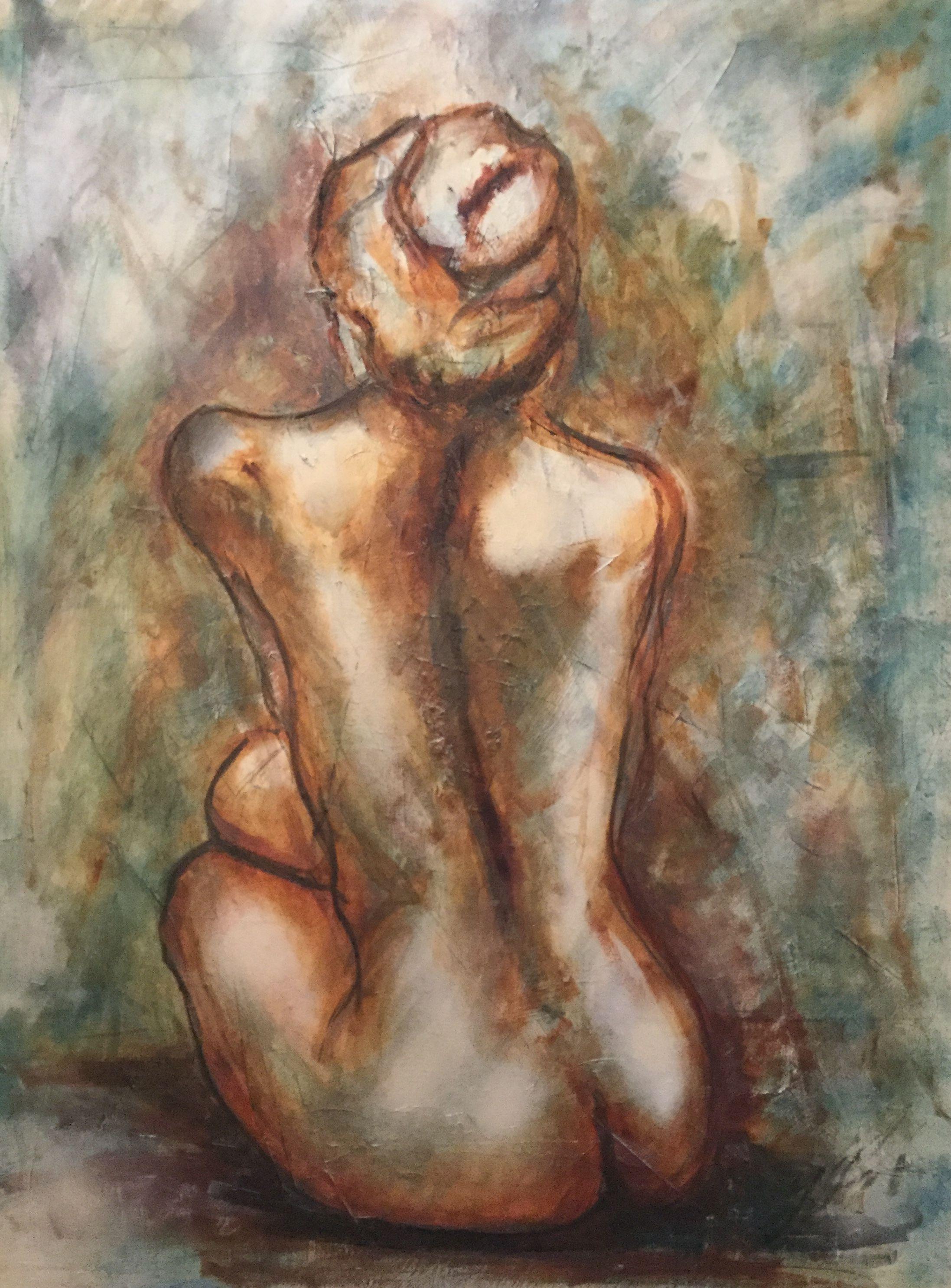 Original oil painting by James Shipton, on canvas. Earthy tones produce the form, that capture the link between the human female form and the world around her. Textured and reflective to capture changes in light.  My works are heavily influenced by